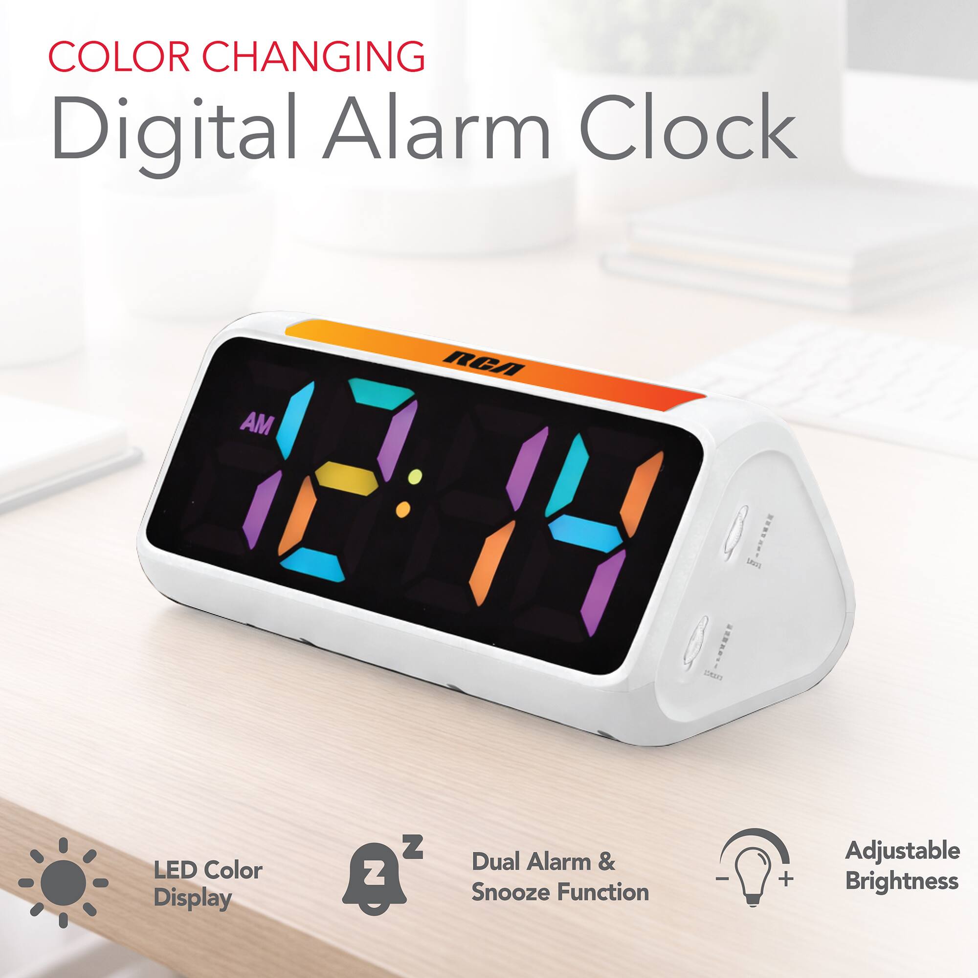 COLOR CHANGING Digital Alarm Clock RCA AM 12-14 con (2002) Z Adjustable LED Color Dual Alarm & Z - + Brightness Display Snooze Function