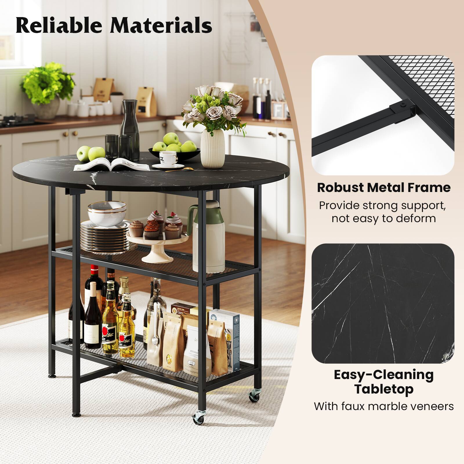 Reliable Materials

Robust Metal Frame
Provide strong support, not easy to deform

Easy-Cleaning Tabletop
With faux marble veneers