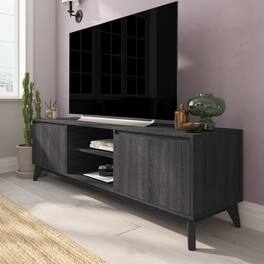 Emma + Oliver - Beverly Mid-Century Modern Wooden TV Stand with Soft Close Doors, Shelf, Cord Management Hole and Tapered Legs - Black Wash