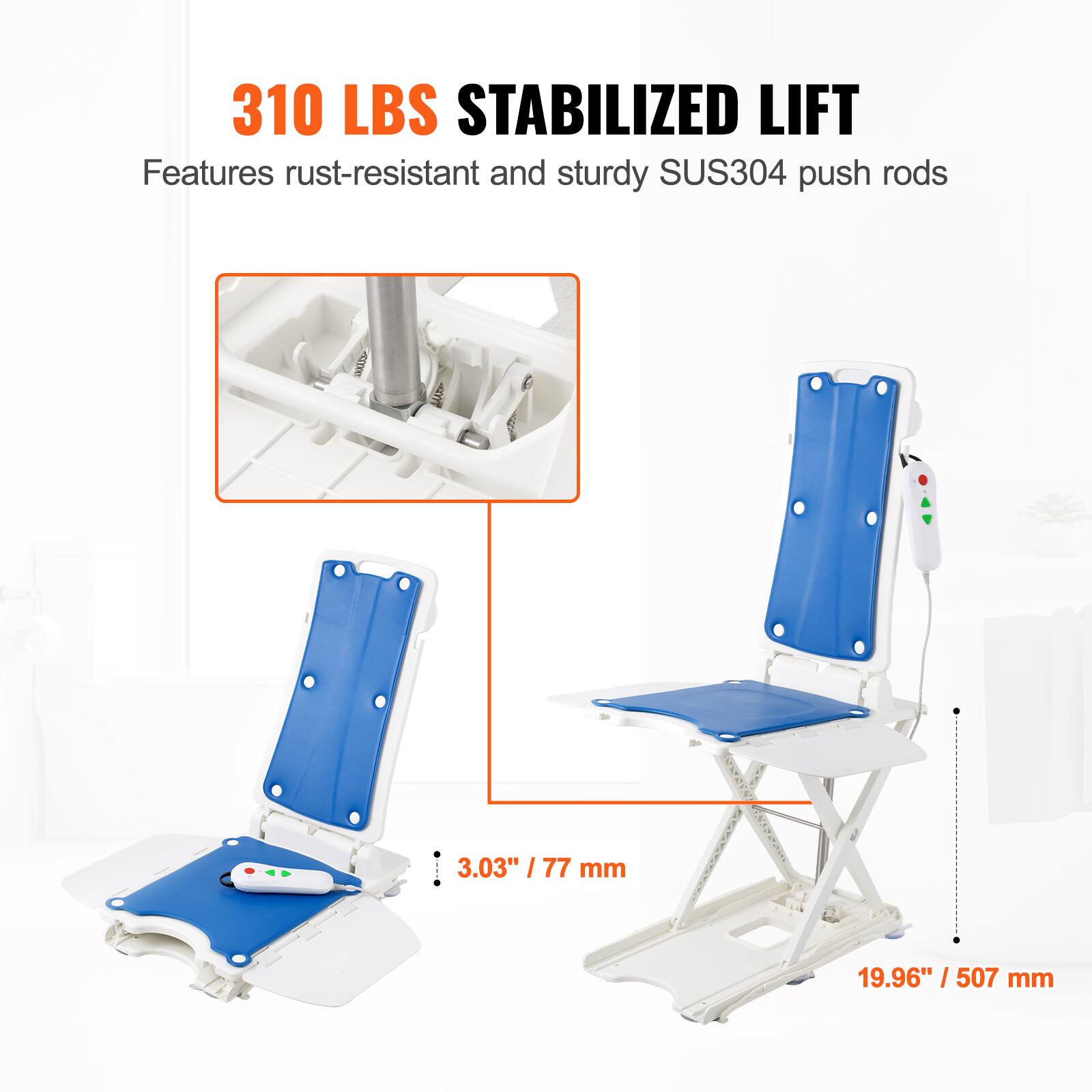 310 LBS STABILIZED LIFT  
Features rust-resistant and sturdy SUS304 push rods  

- 3.03" / 77 mm  
- 19.96" / 507 mm