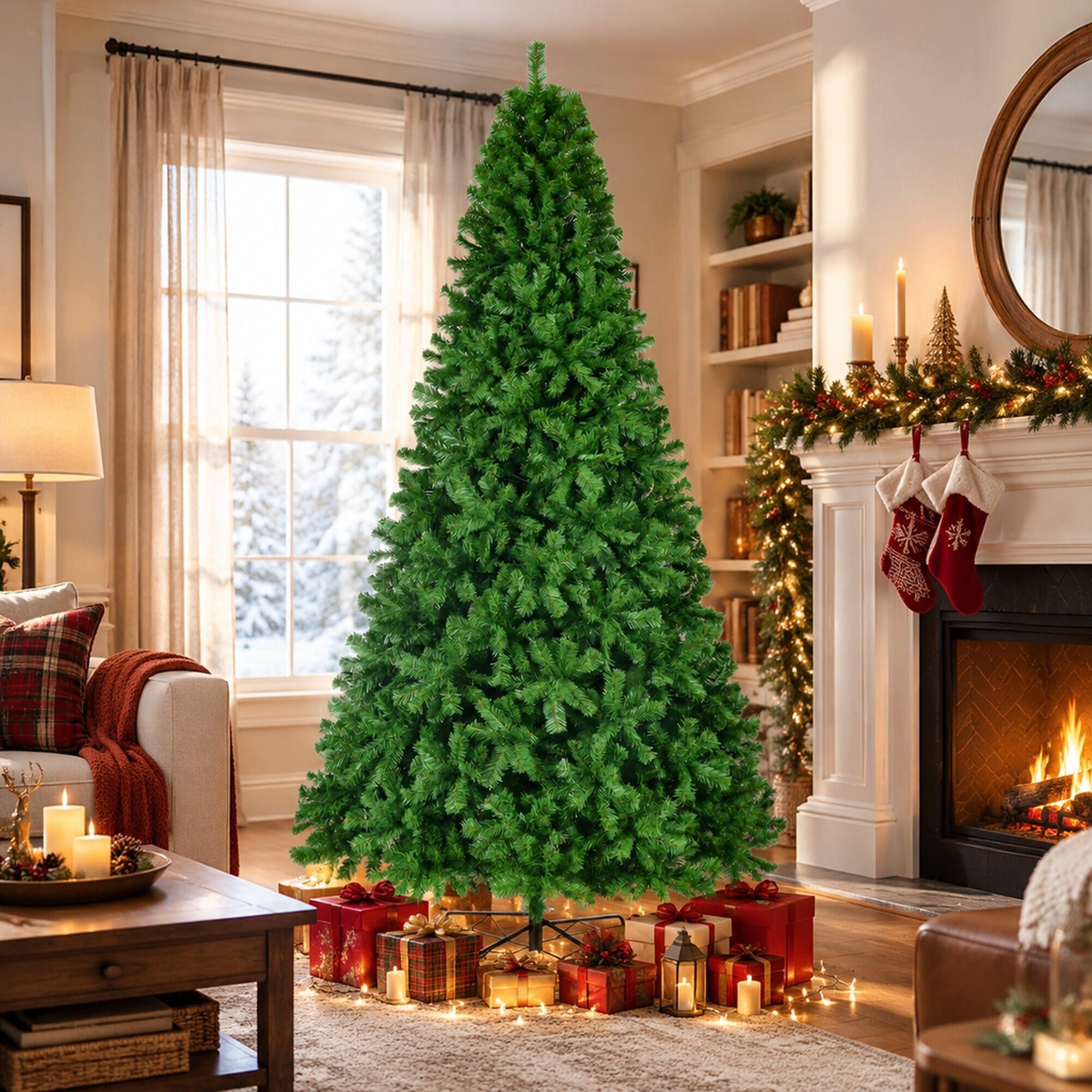 Angle. RYHNUYNE - 9FT Unlit Artificial Christmas Tree With Dense Realistic Spruce Branches and Metal Base, Green - Green.