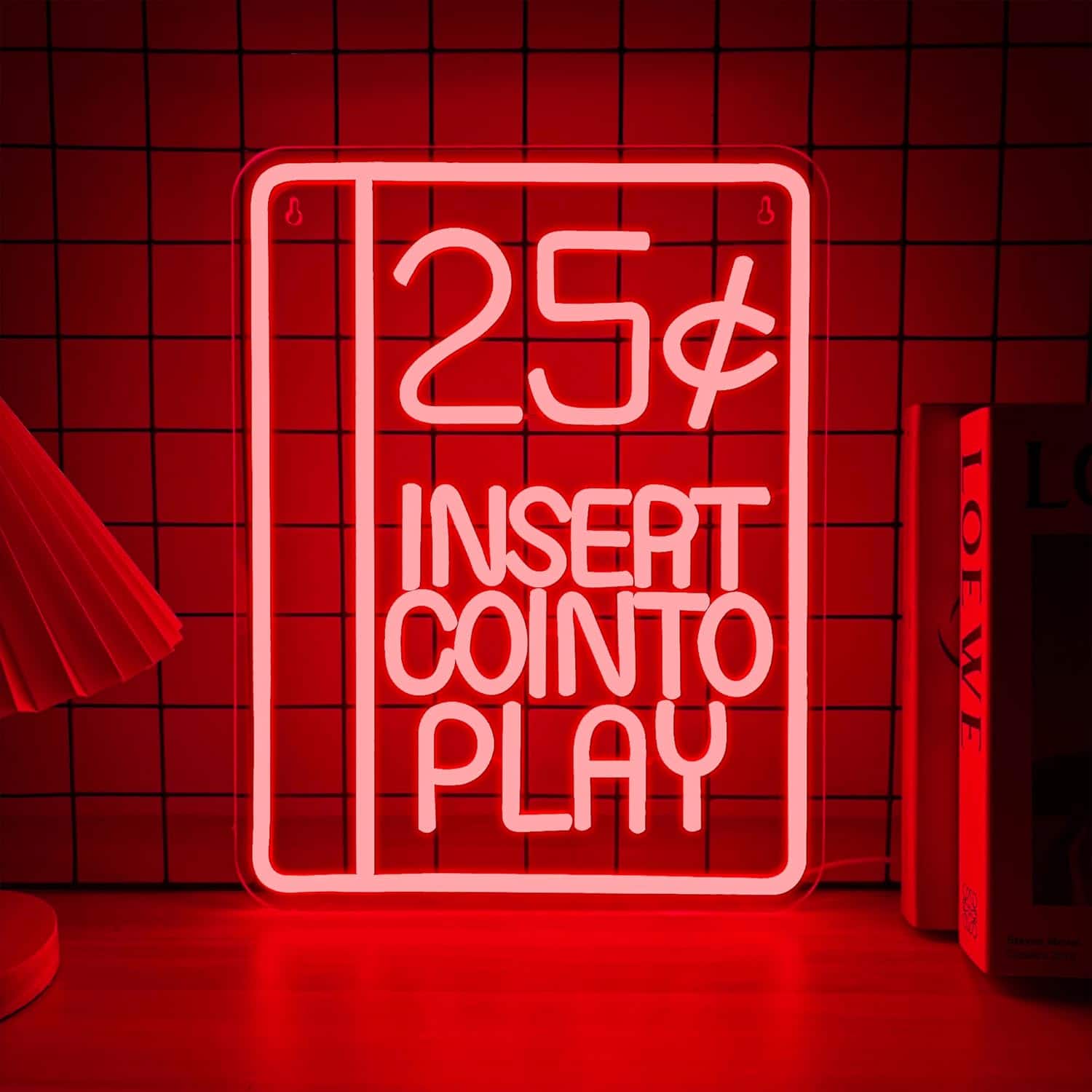 Auledio - 25 Cents Coin Slot Neon Sign, Arcade Machine Neon Light, USB Powered Dimmable LED Insert Coin To Play Wall Art - Red