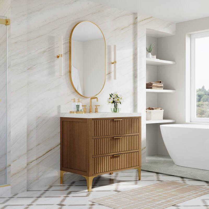 Angle. WELLFOR - 36 in Solid Oak Bathroom Vanity with Sink, Wood Bathroom Cabinet with Calacatta Quartz Countertop &3 Dovetail Drawers - Oak.