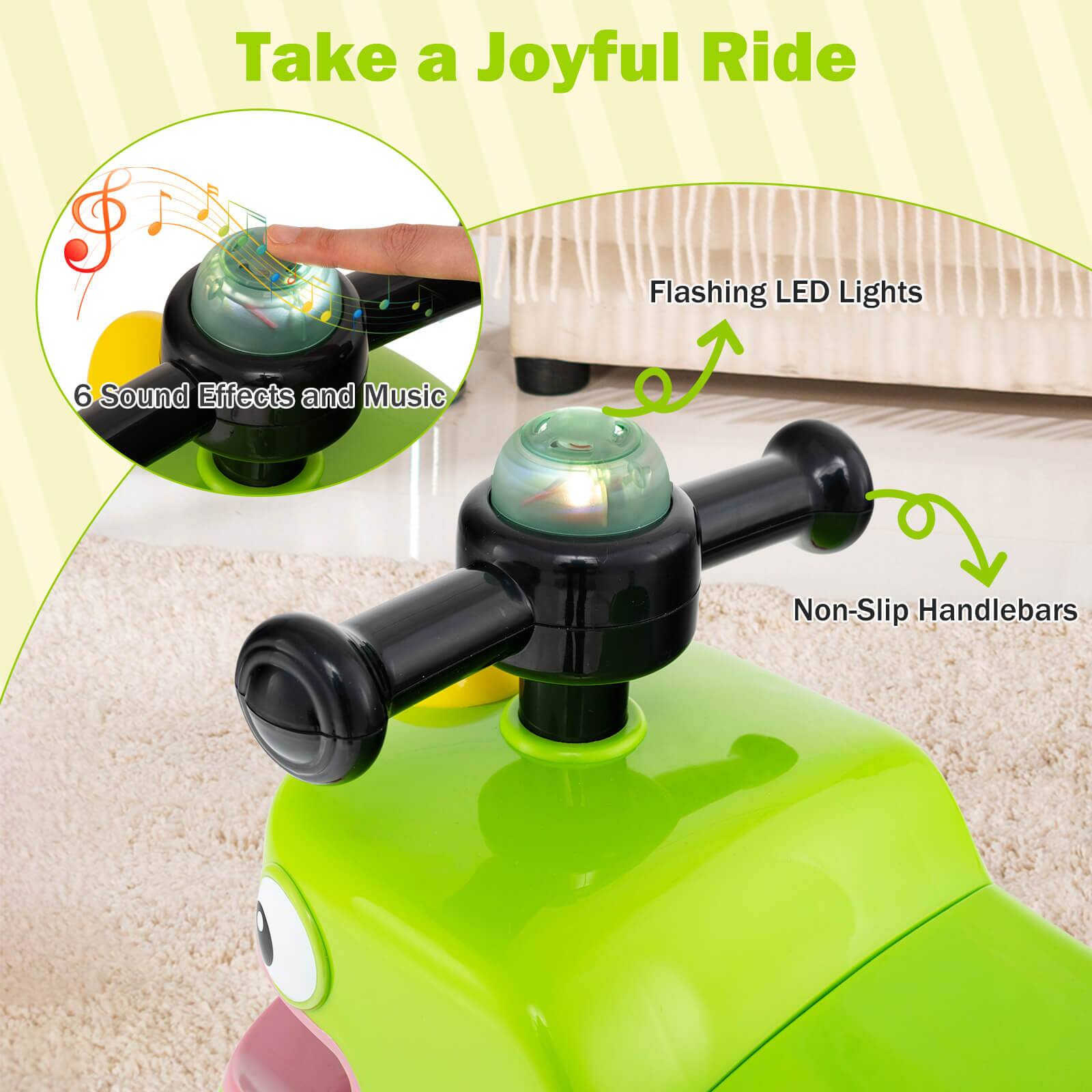 Take a Joyful Ride

- 6 Sound Effects and Music
- Flashing LED Lights
- Non-Slip Handlebars