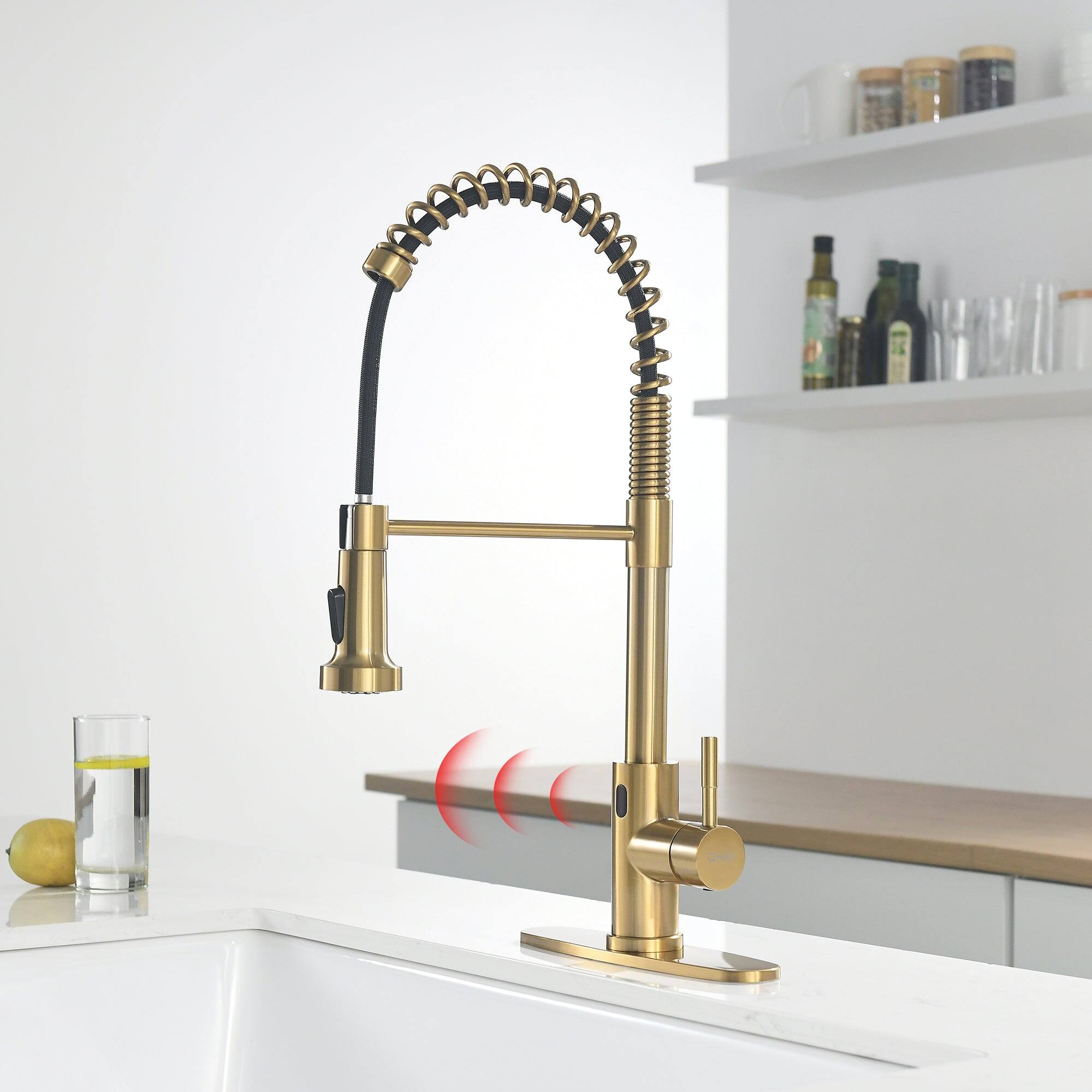 Alt View 8. Boyel Living - Brushed Gold 2 Spray Patterns Single Handle Touchless Pull Down Kitchen Faucet with Deckplate Included - Brushed Gold.