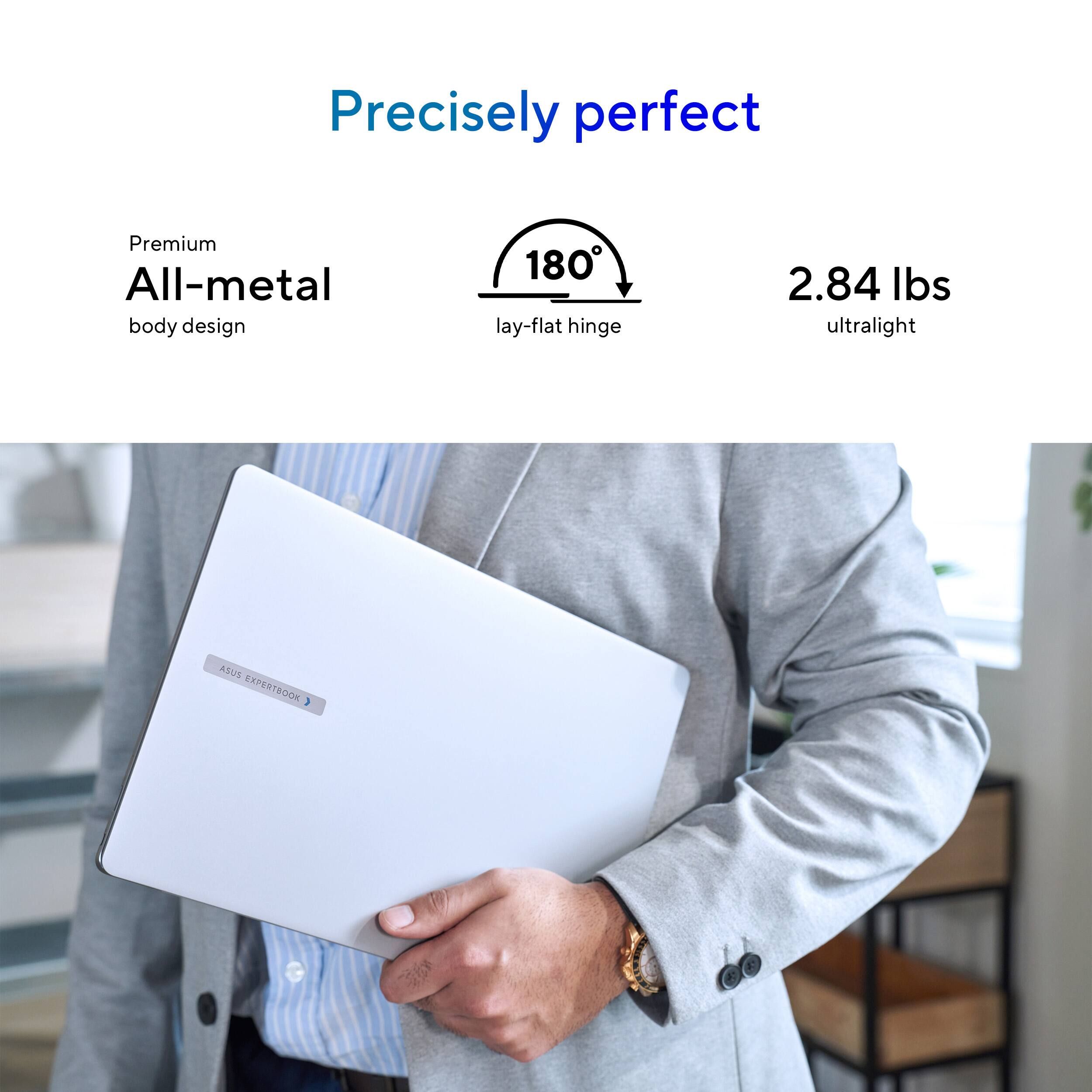 The text on the image reads: "Precisely perfect Premium All-metal body design 180 lay-flat hinge 2.84 lbs ultralight ASUS EXPERTBOOK."