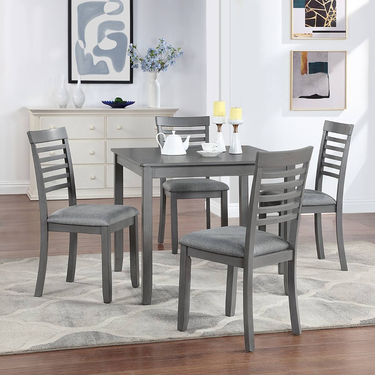 Angle. Loheer - Loheer 5-Piece Dining Table Set for 4, Modern Grey Square Table with Upholstered Chairs - Grey.
