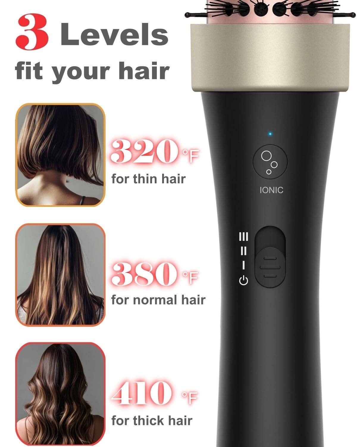 3 Levels fit your hair

- 320°F for thin hair
- 380°F for normal hair
- 410°F for thick hair
