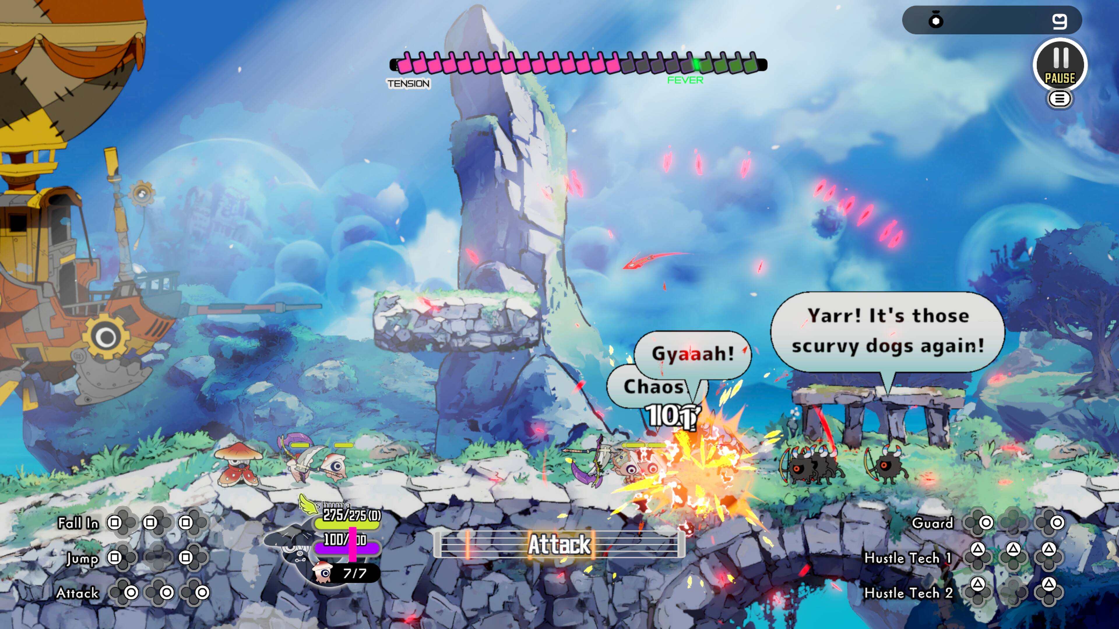 TENSION FEVER PAUSE = Gyaaah! Chaos 101 Yarr! It's those scurvy dogs again!  
Fall In Jump Attack  
275/275 275 (D) 100%  
DO 717  
Attack Guard Hustle Tech 1 Hustle Tech 2  
A A A