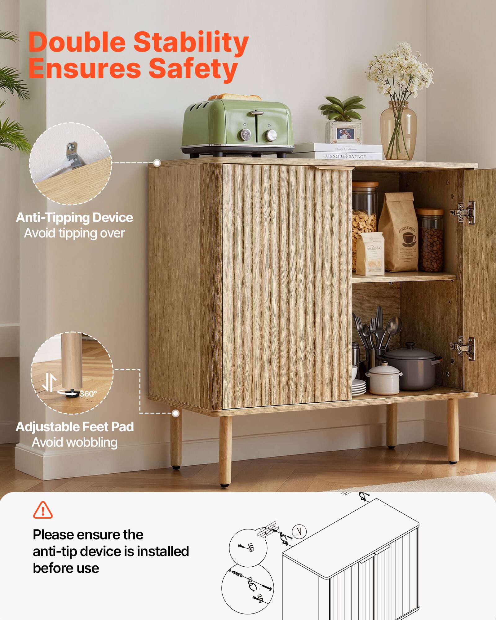 Double Stability Ensures Safety

- Anti-Tipping Device
  - Avoid tipping over

- Adjustable Feet Pad
  - Avoid wobbling

Please ensure the anti-tip device is installed before use