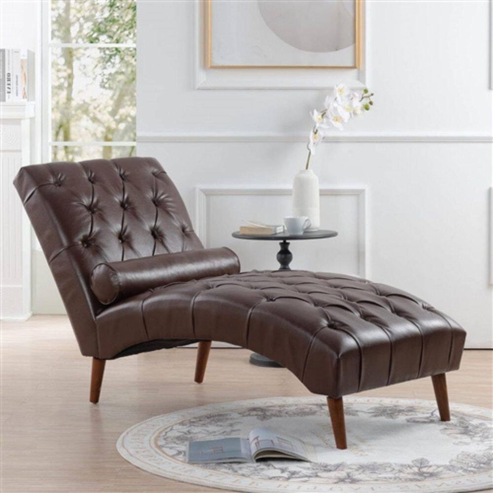 Angle. Hivvago - Brown PU Leather Upholstered Armless Chaise Lounge Chair with Lumbar Pillow - Brown.