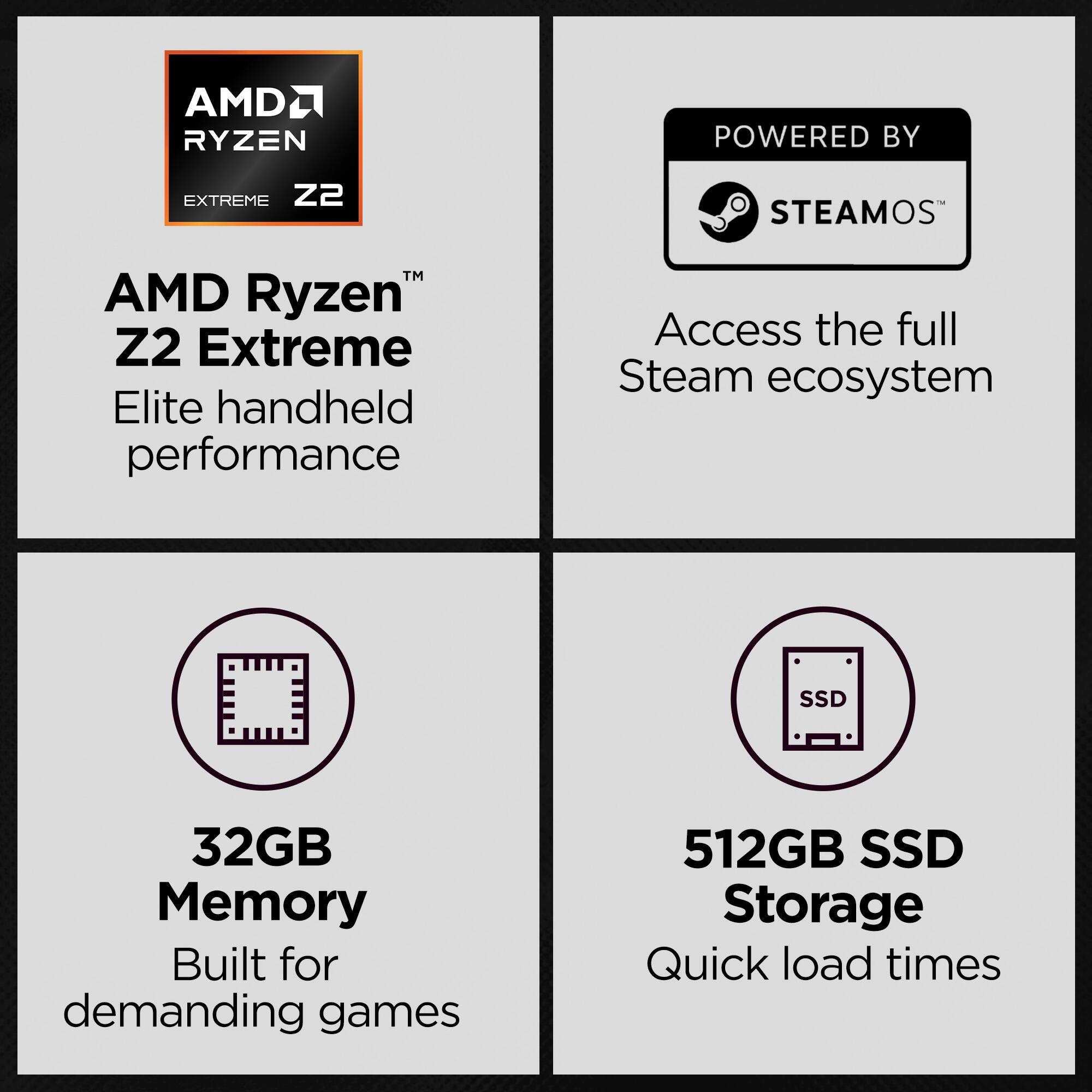 AMD Ryzen Z2 Extreme Elite handheld performance  
Powered by SteamOS  
Access the full Steam ecosystem  
32GB Memory Built for demanding games  
512GB SSD Storage Quick load times