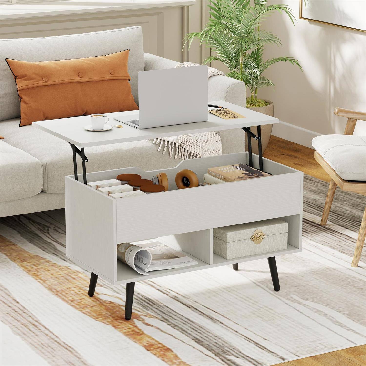 Alt View 3. Pefilos - 31.5" Lift-Top Coffee Table, Hidden Storage + 2 Open Shelves, Hydraulic Lift Mechanism, White - White.