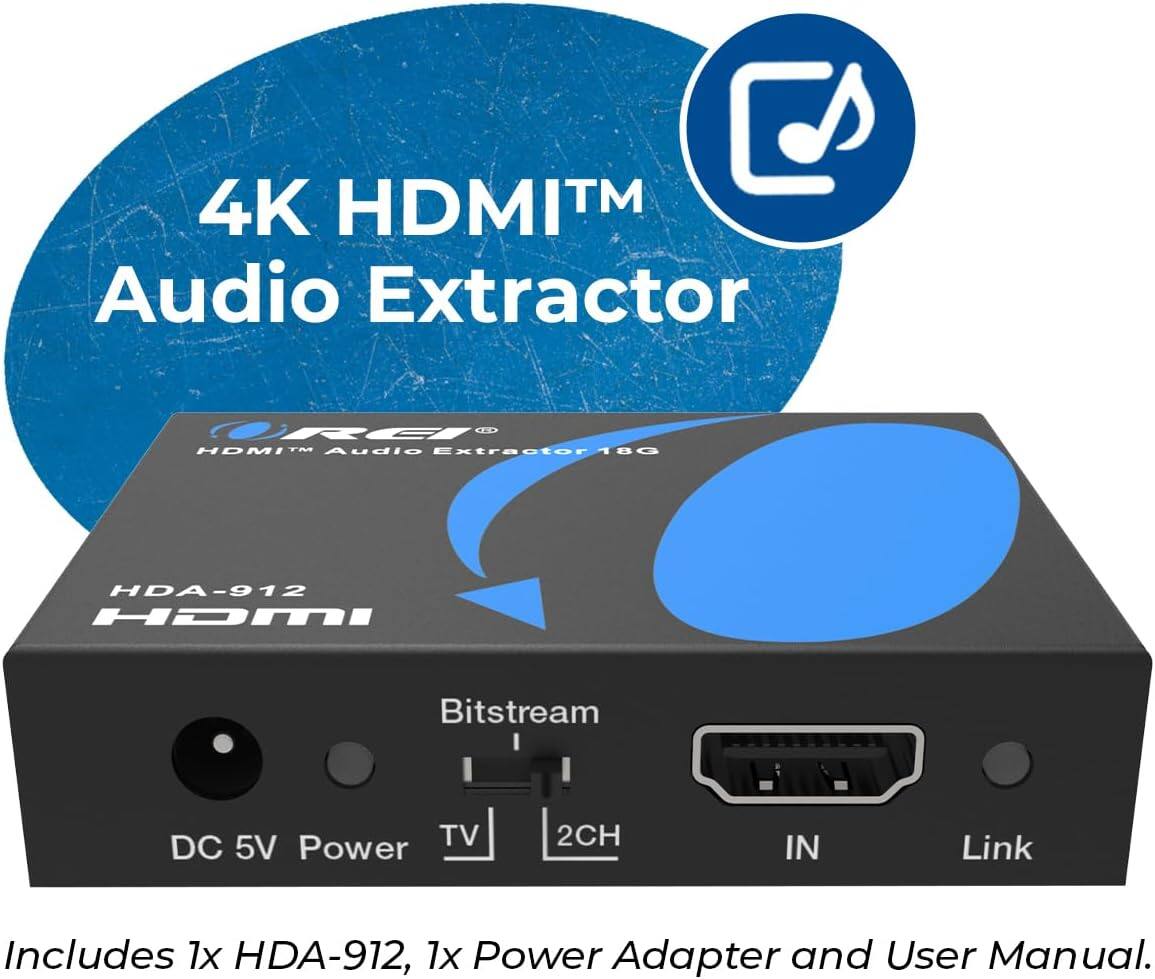 4K HDMI™ Audio Extractor REI CD HOMITN Audio Extractor 180 HDA-912 HAMI Bitstream TV DC 5V Power 2CH IN Link Includes 1x HDA-912, 1x Power Adapter and User Manual.