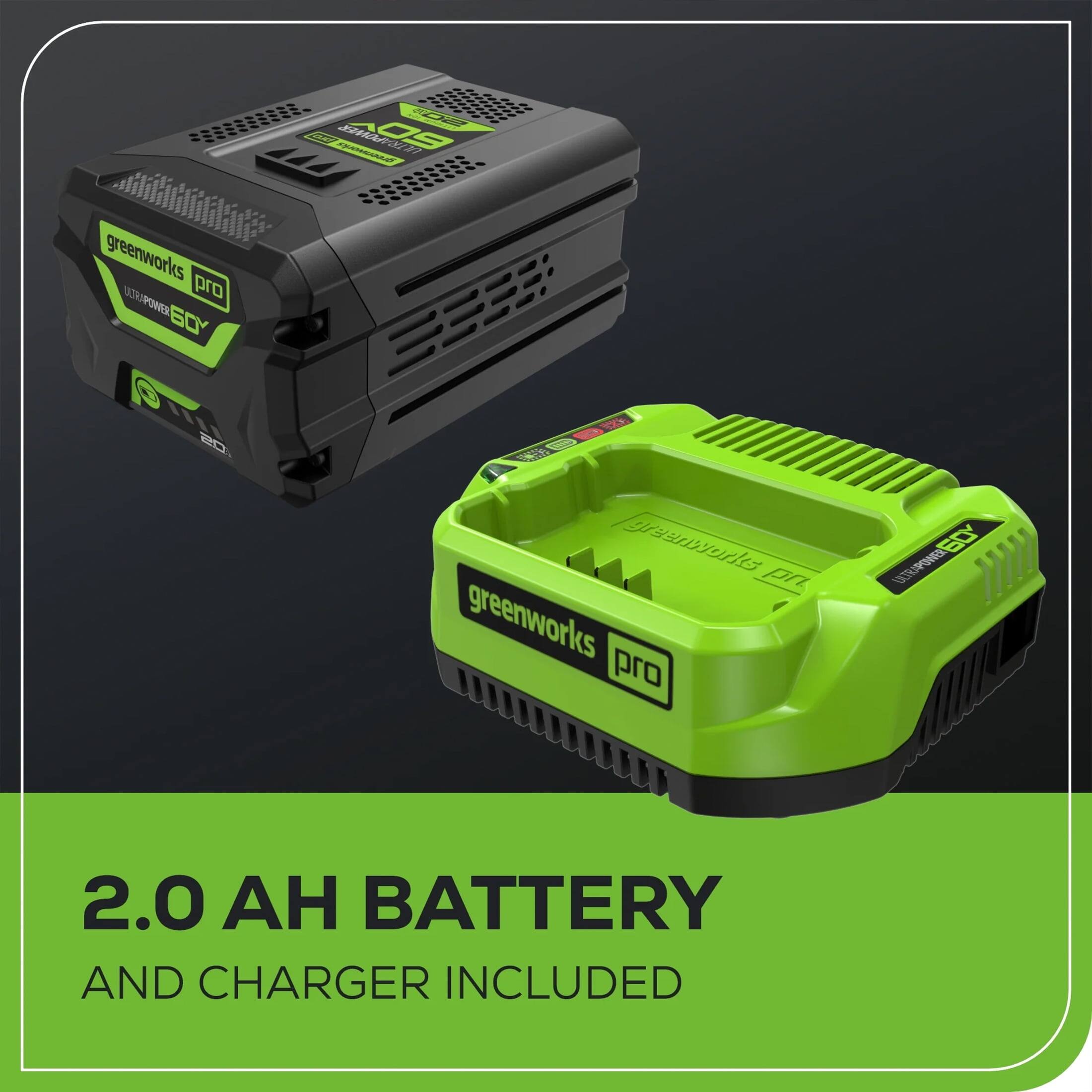 Greenworks Pro  
Ultra-Power 60V  
2.0 AH Battery and Charger Included
