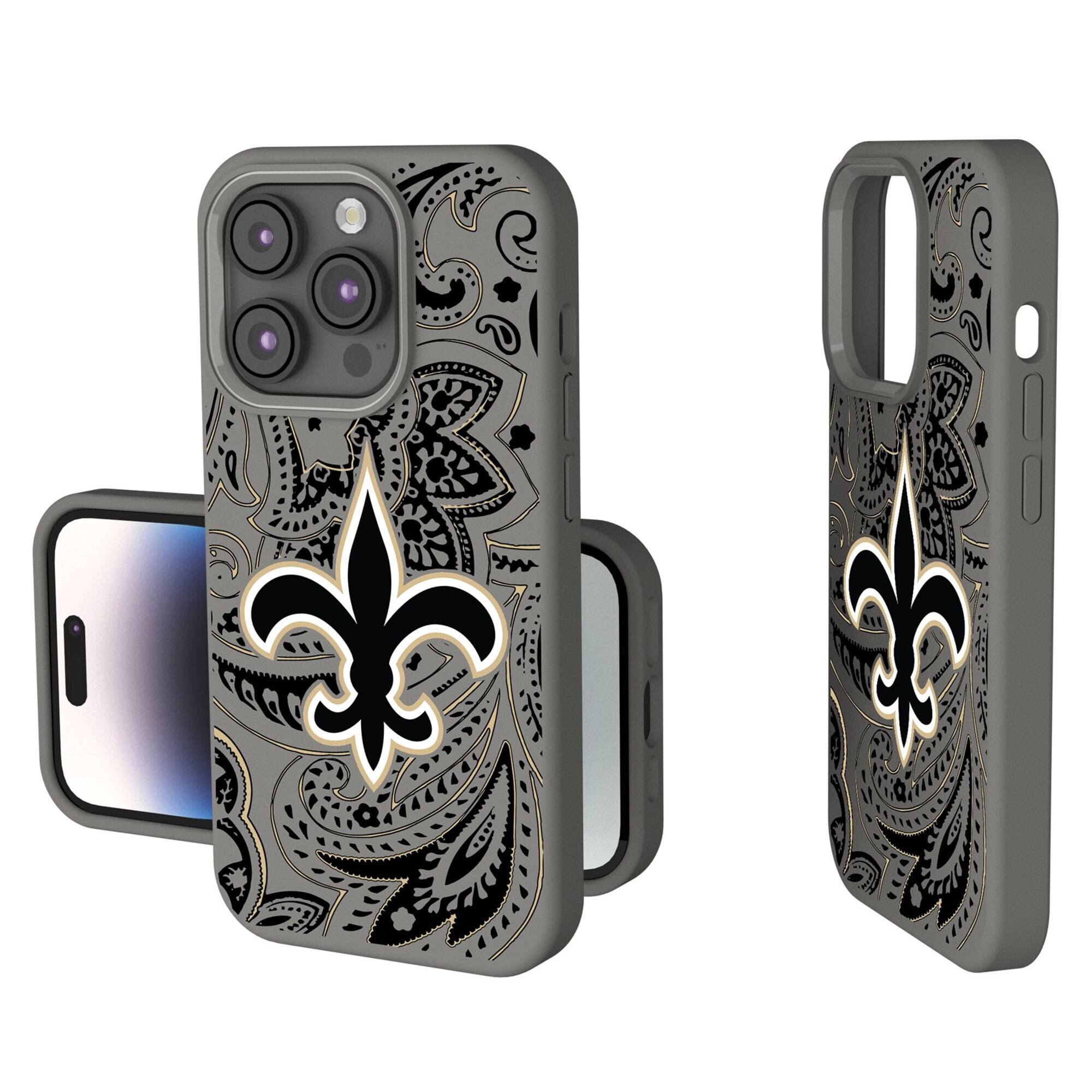Front. Keyscaper - New Orleans Saints Paisley iPhone Soft Touch Case - 15 Pro - Gray.