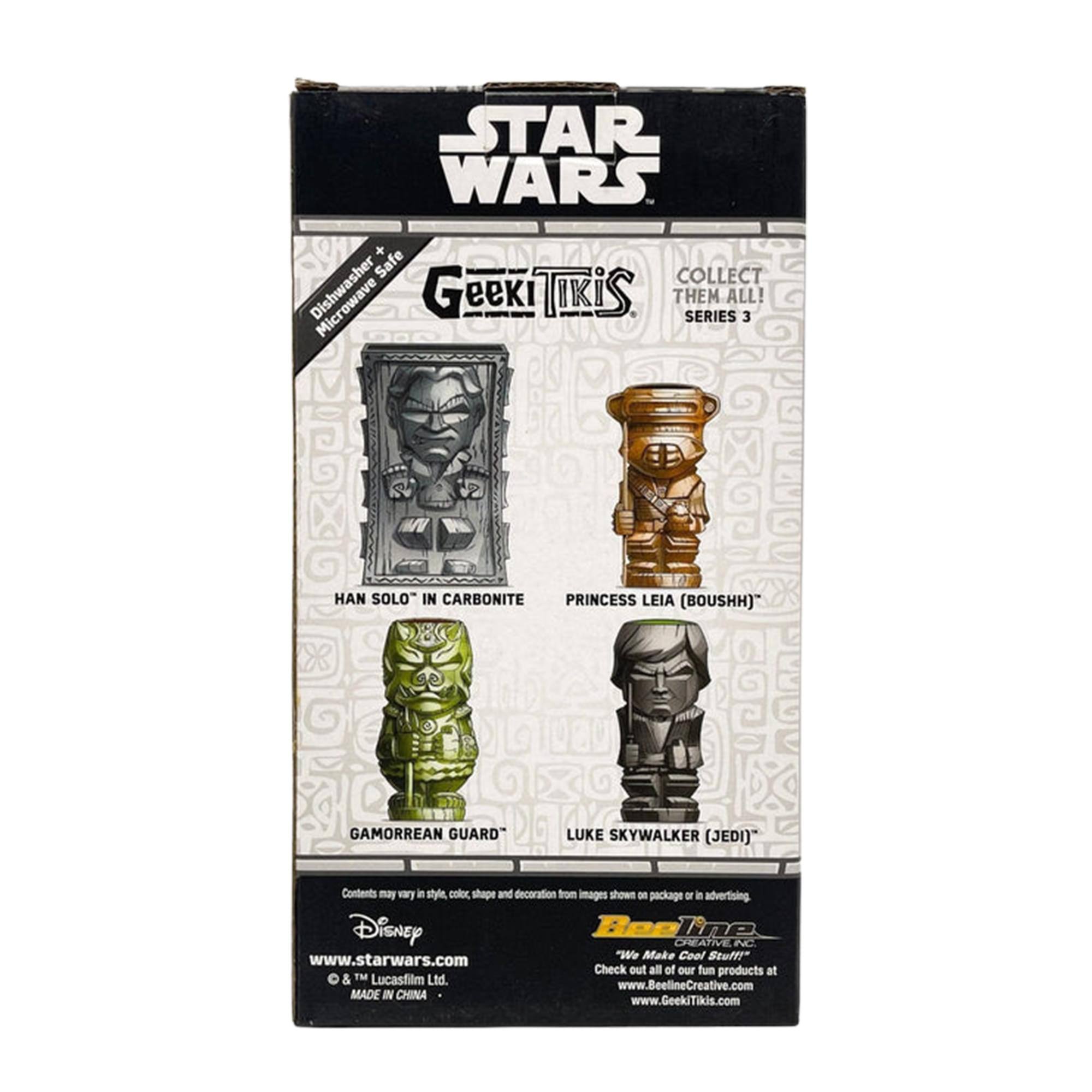 **STAR WARS**

**Geeki Tikis**

**COLLECT THEM ALL! SERIES 3**

- HAN SOLO "IN CARBONITE"
- PRINCESS LEIA (BOUSHH)
- GAMORREAN GUARD
- LUKE SKYWALKER (JEDI)

**Contents may vary in style, color, shape and decoration from images shown on package or in advertising.**

**Disney**  
www.starwars.com  
© & ™ Lucasfilm Ltd.

**MADE IN CHINA**

**www.BeelineCreative.com**  
www.GeekiTikis.com

**Dishwasher Safe**  
**Microwave Safe**