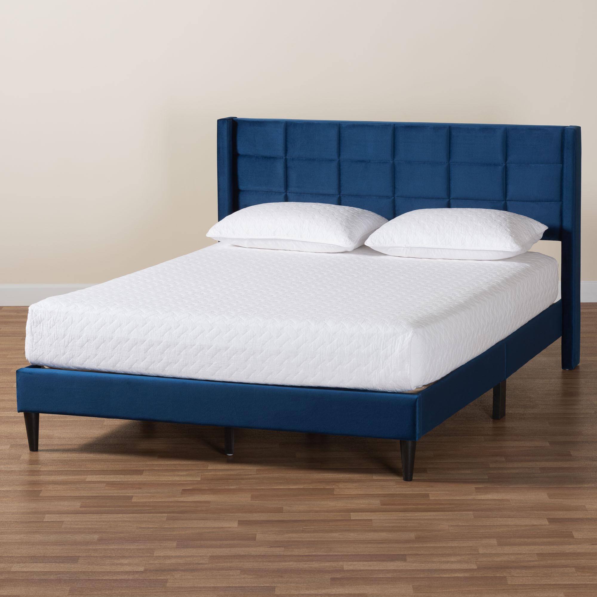 Alt View 4. Baxton Studio - Payne Modern Glam Velvet and Dark Brown Wood Queen Bed - Navy Blue/Black.