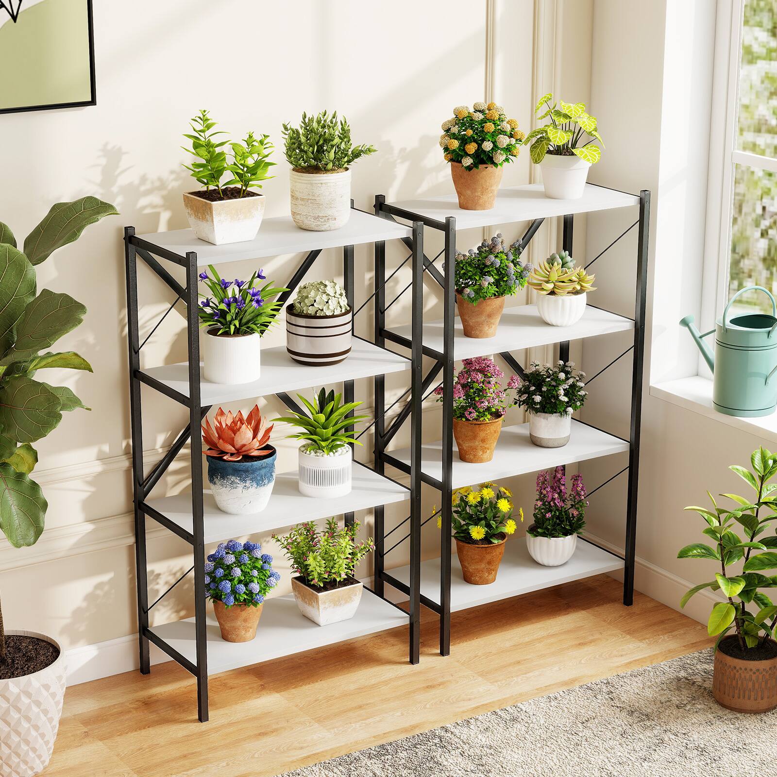 Alt View 1. Gymax - Gymax 2PCS 4-Tier Bookshelf Book Holder w/Heavy-Duty Metal Frame for Living Room White - White.