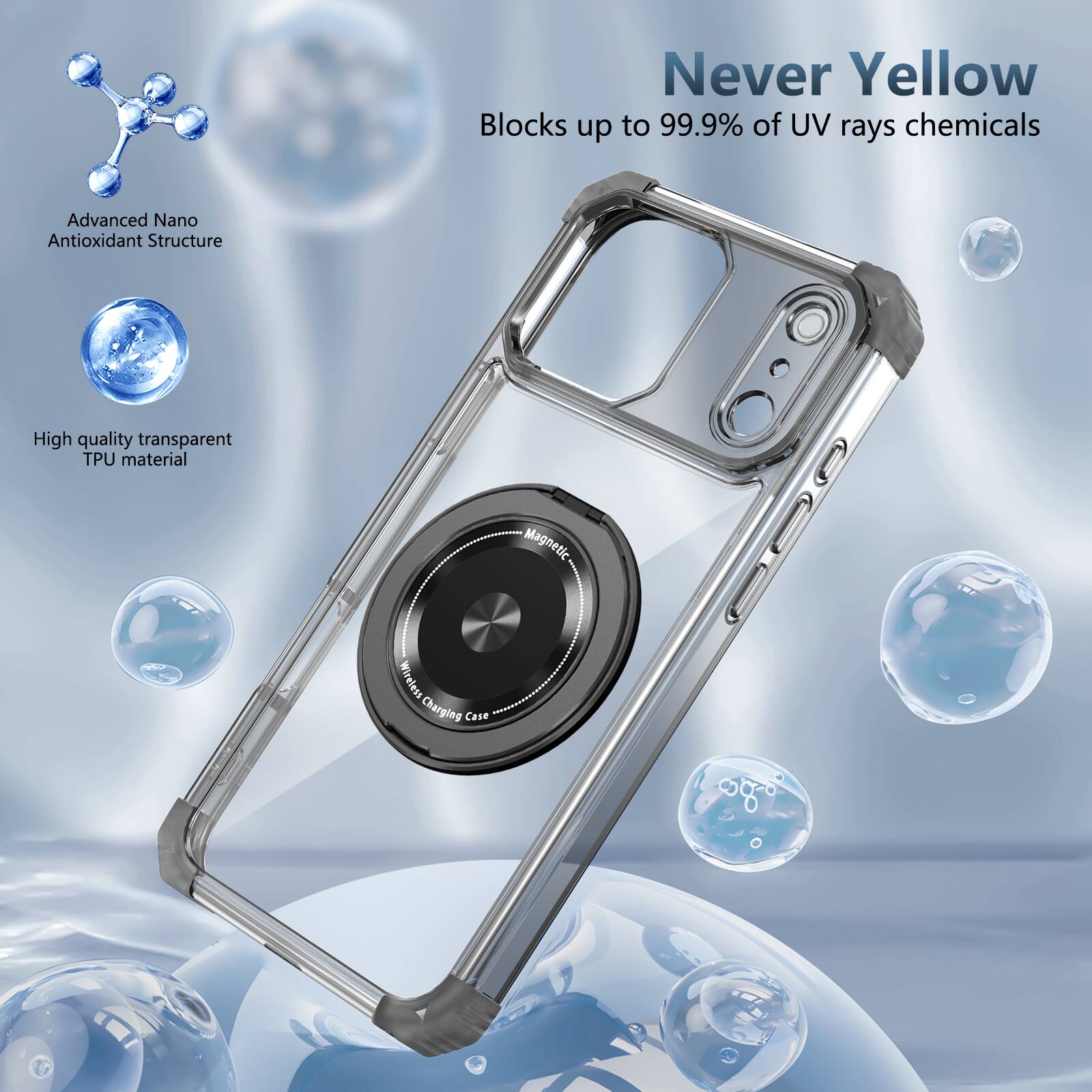 Never Yellow  
Blocks up to 99.9% of UV rays chemicals  
Advanced Nano Antioxidant Structure  
High quality transparent TPU material  
Wireless Charging Case  
Magnetic