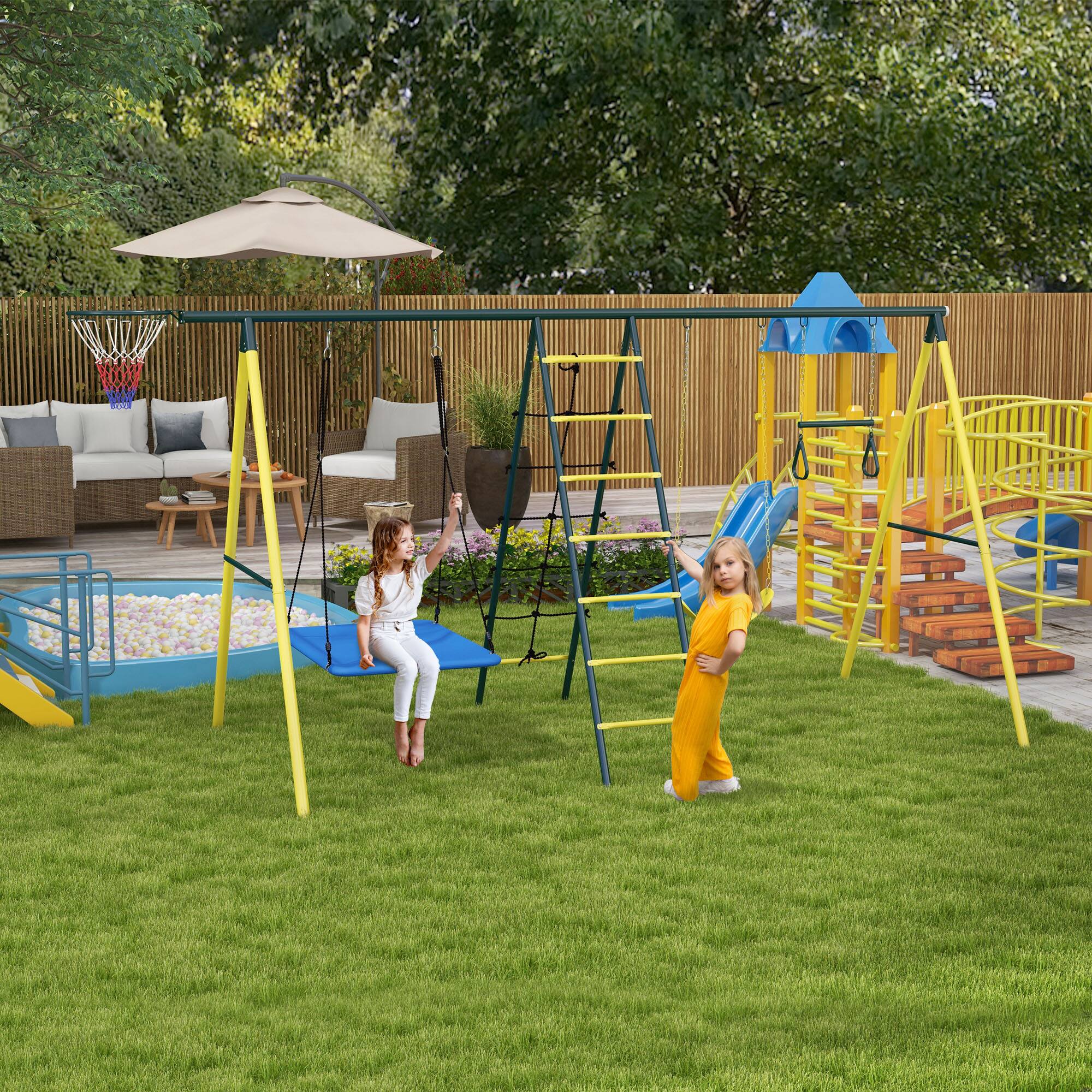 Alt View 1. Outsunny - Swing Set for Backyard 5 in 1 Design Holds up to 440 lbs. for Ages 3-8.