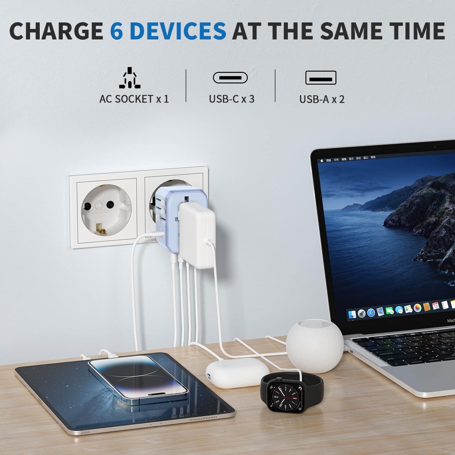 CHARGE 6 DEVICES AT THE SAME TIME AC SOCKET X 1 USB-C X 3 USB-A X 2