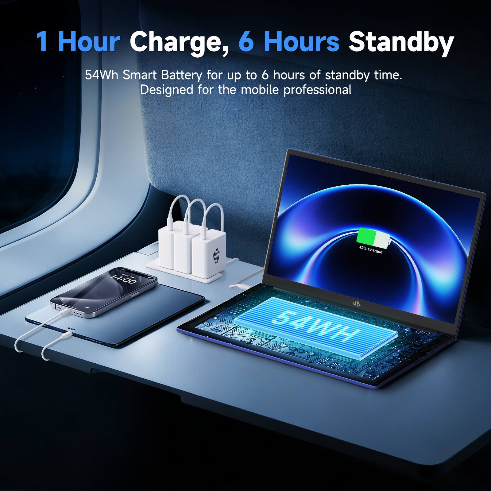 1 Hour Charge, 6 Hours Standby

54Wh Smart Battery for up to 6 hours of standby time.  
Designed for the mobile professional

42% Charged  
14:00