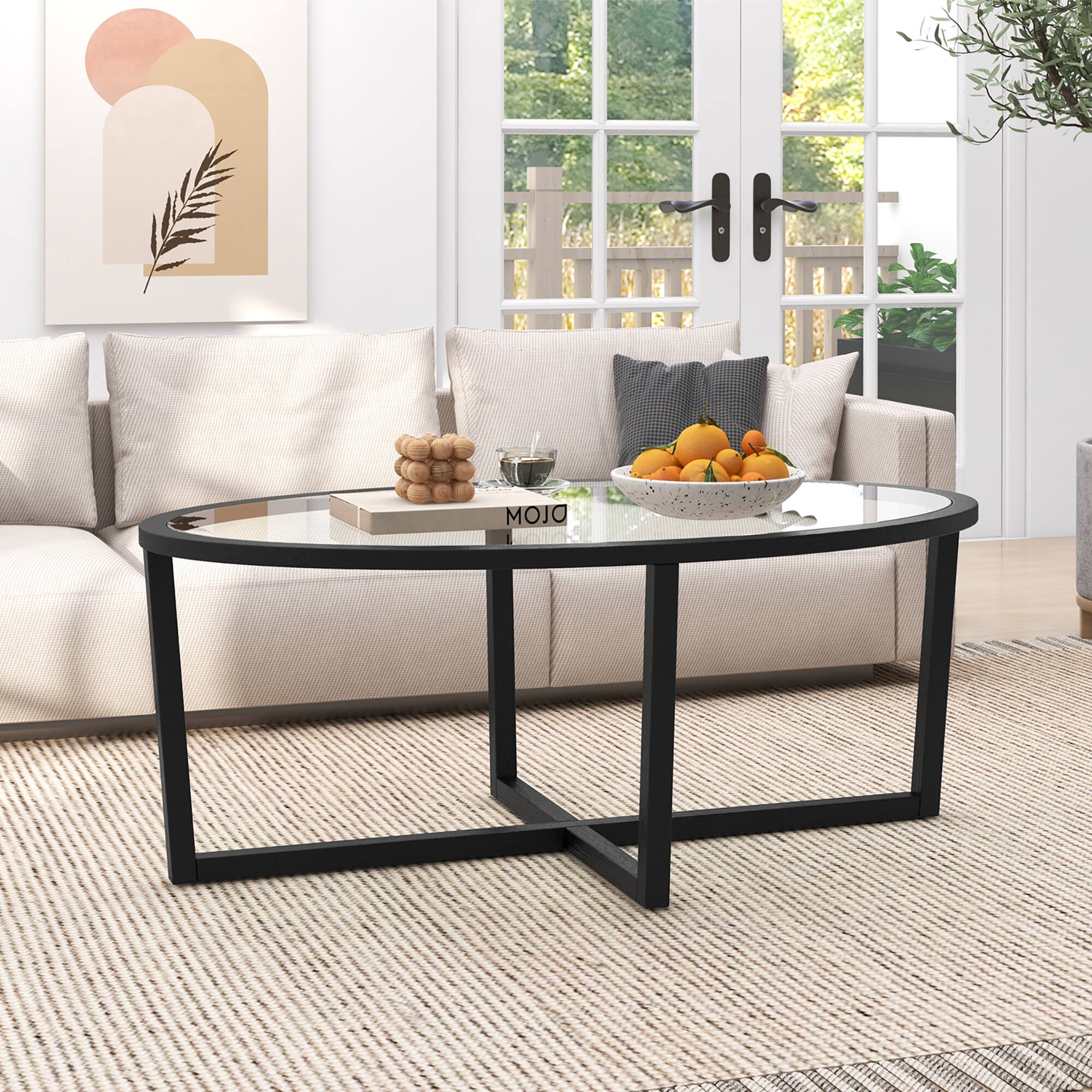 Alt View 1. Gymax - Gymax Modern Glass Coffee Table w/ Cross Base & Acacia Wood Legs for Small Spaces - Black.