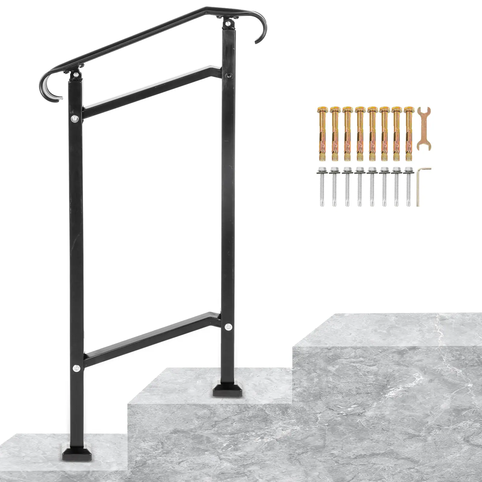 VEVOR - Outdoor Stair Railing, Fit 1 or 2 Steps Wrought Iron Handrail, Adjustable Front Porch Hand Railings - Black