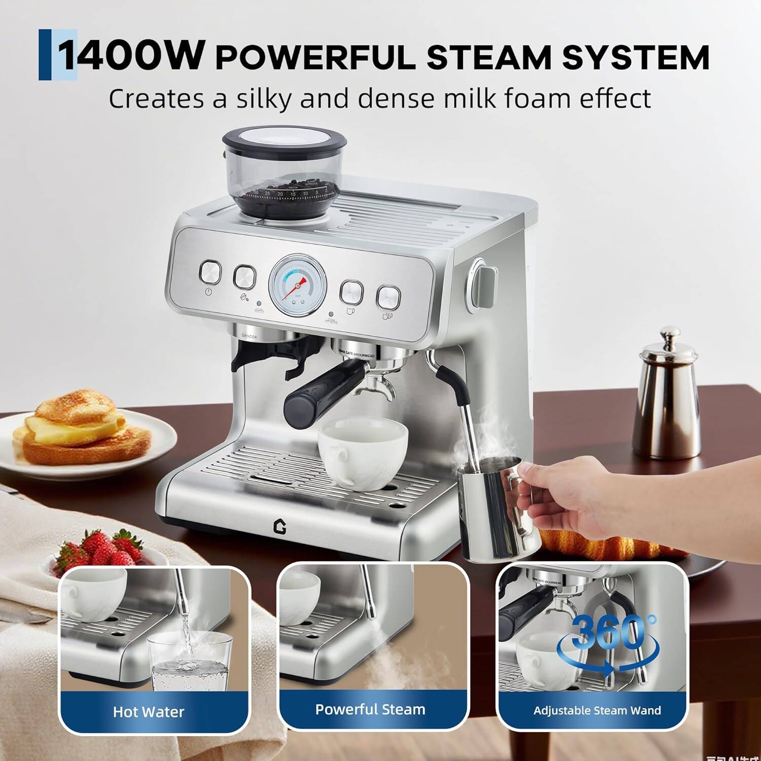 1400W POWERFUL STEAM SYSTEM  
Creates a silky and dense milk foam effect  

- Hot Water  
- Powerful Steam  
- Adjustable Steam Wand  
- 360°