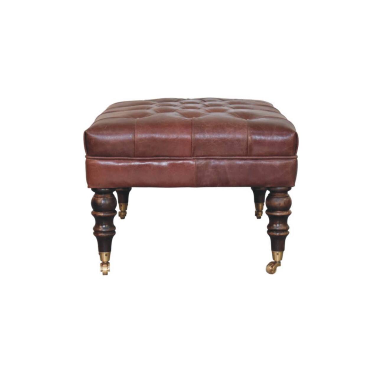 Alt View 4. Artisan Furniture - Artisan Furniture Solid Wood Buffalo Brown Leather Ottoman with Castor Legs, Upholstered - Brown.