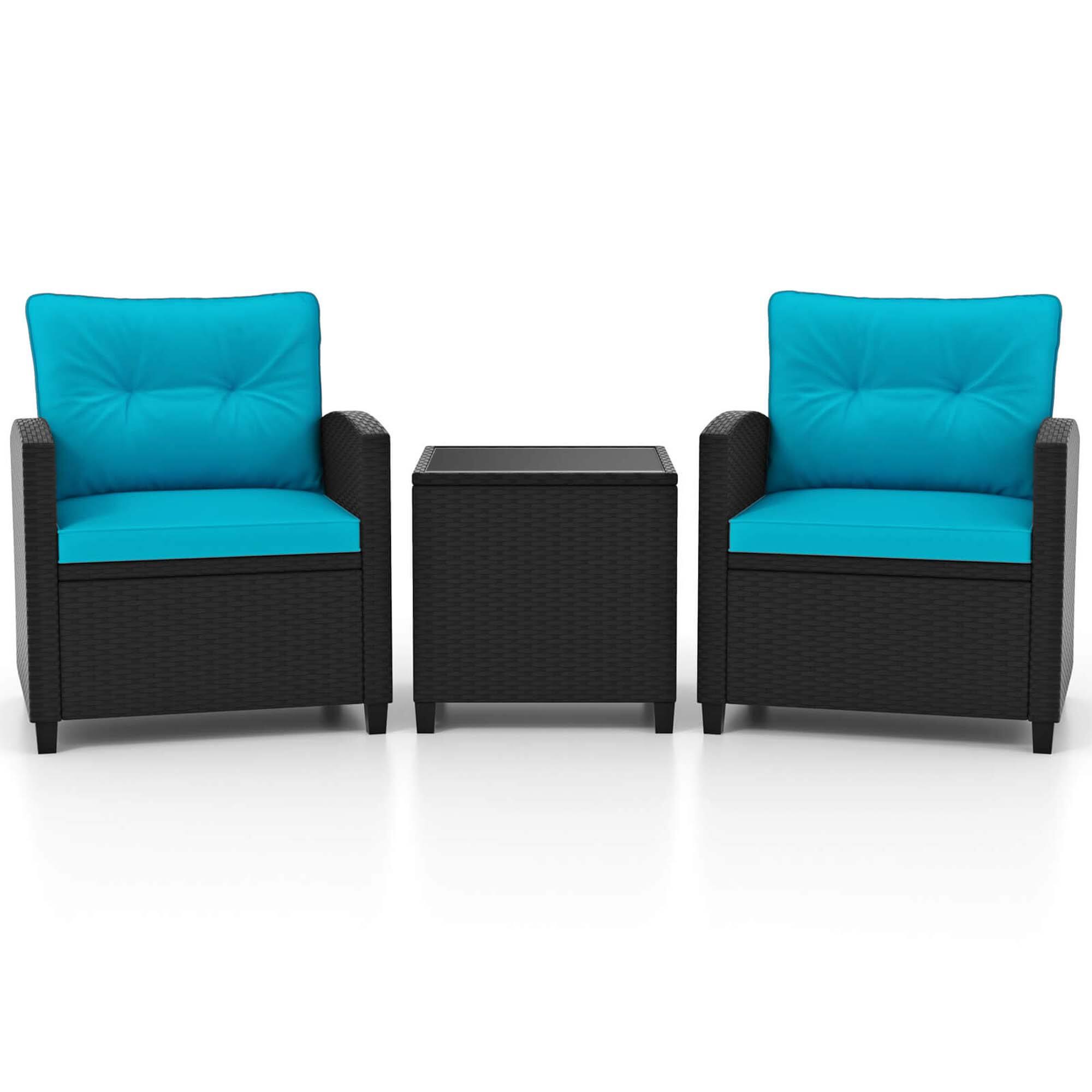 Alt View 1. Costway - 3 PCS Patio Furniture Set with Tempered Glass Coffee Table Washable Cushions - Turquoise,Black.