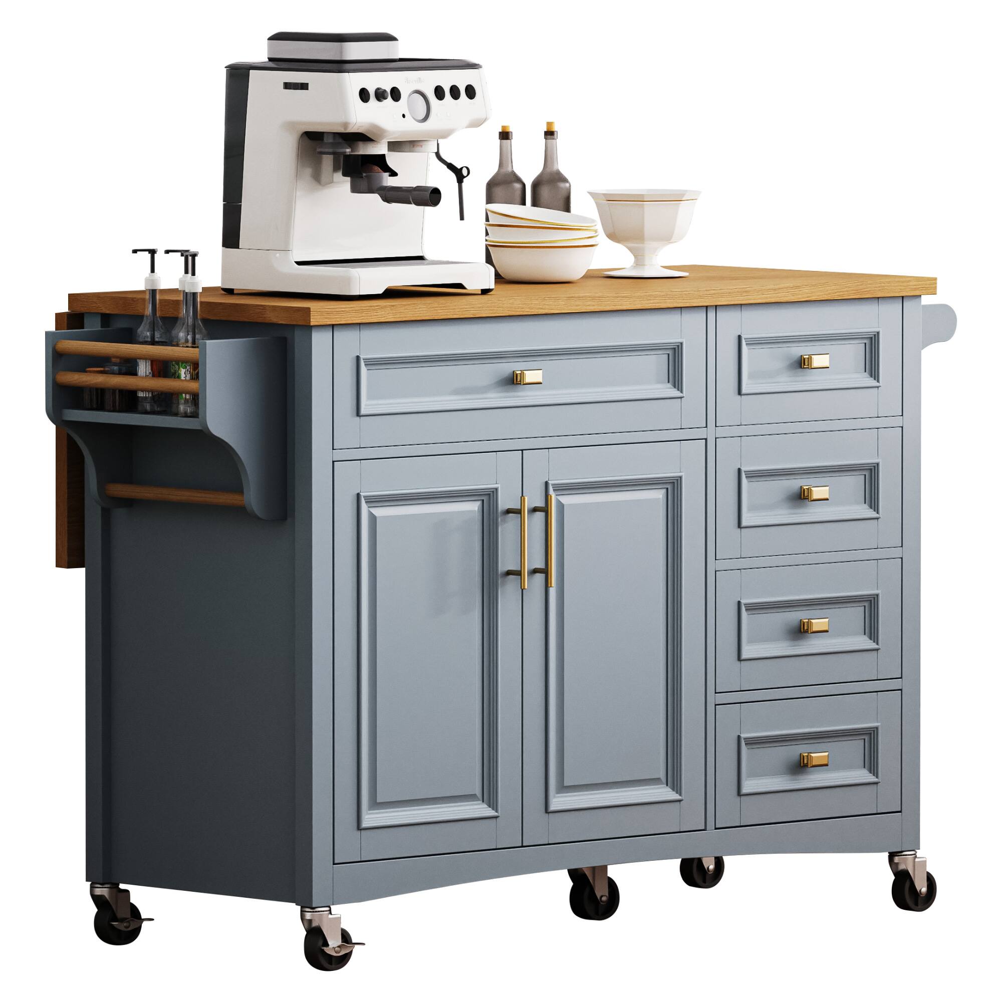 Alt View 1. Forest'nSky - 52" Kitchen Island with Drop Leaf – Embossed Texture Cart on Wheels, 5 Drawers, 2 Doors, Spice & Towel Racks, Blue Grey - Blue Grey.