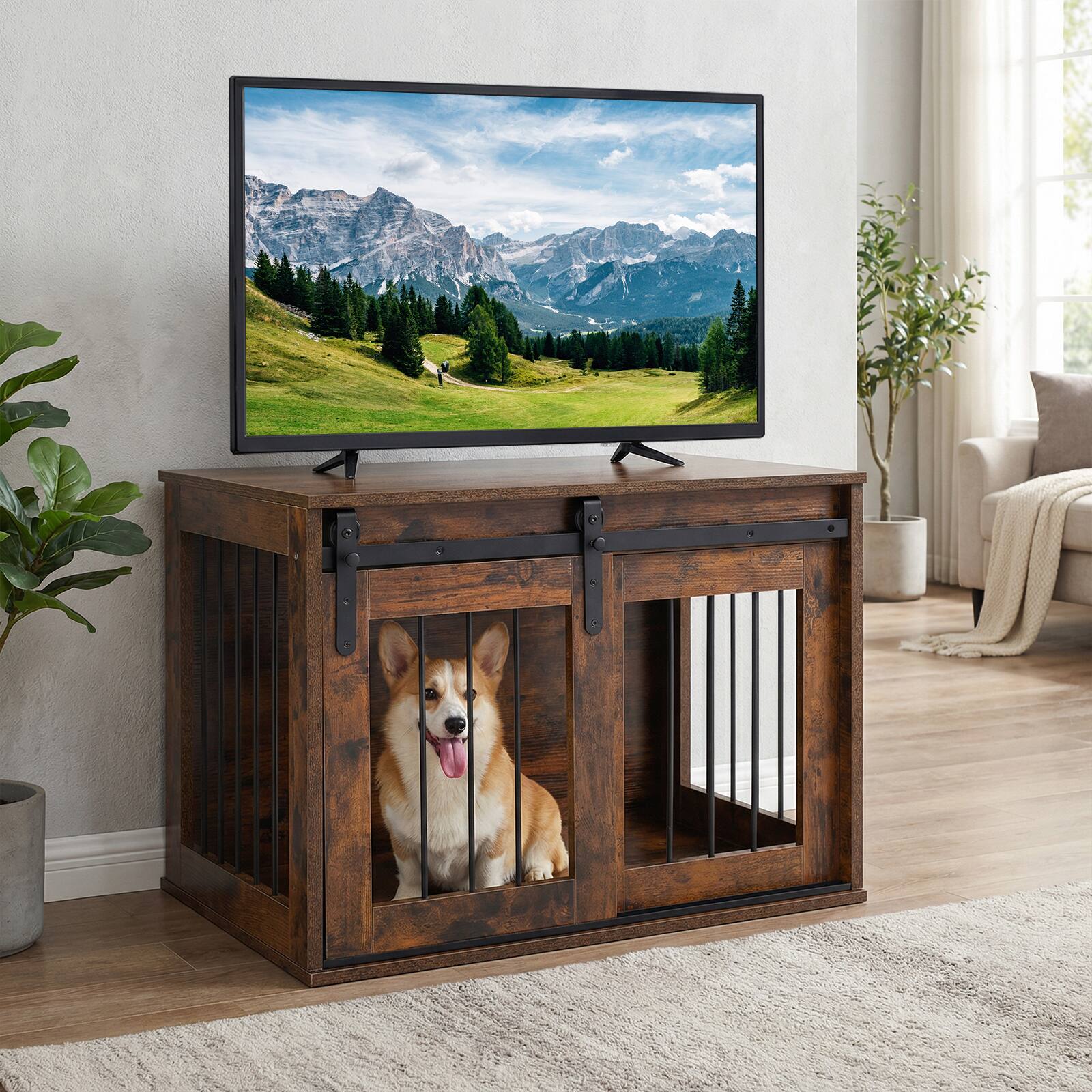 Alt View 1. Gymax - Gymax Dog Crate Furniture 31.5'' Heavy Duty Dog Kennel w/Sliding Barn Door Metal Frame Rustic Brown.
