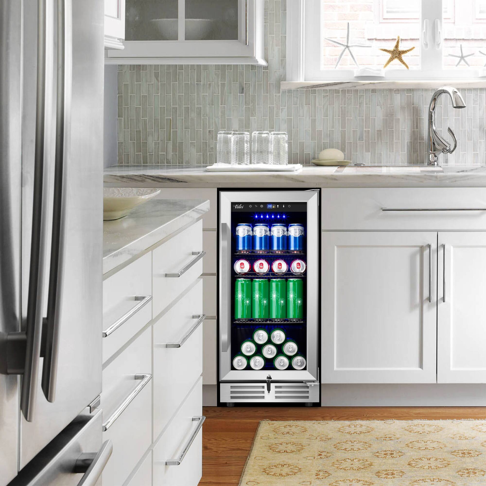 Alt View 1. HOOURE - 15in. 127 Cans Beverage Fridge with Glass Door and Lock Under Counter Built-in or Freestanding for Beer/Soda/Water/Wine - Stainless steel.