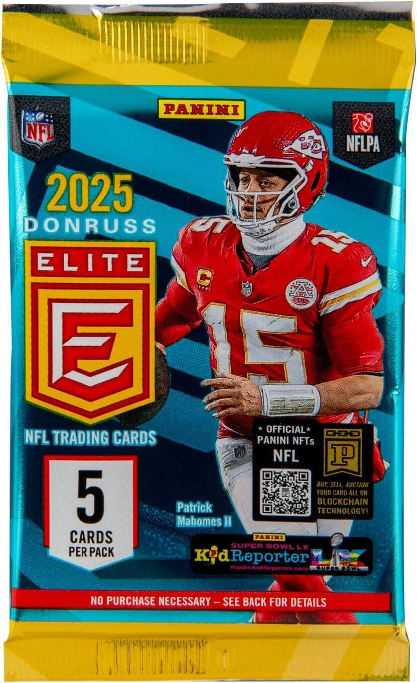 PANINI NFL NFLPA 2025 DONRUSS ELITE 15 C U S A D E 15 OFFICIAL CE NFL TRADING CARDS PANINI NFTs NFL BUY. SELL AUCTION YOUR CARD ALL ON 5 Patrick Mahomes II BLOCKCHAIN TECHNOLOGY! CARDS PARINI SUPER BOWL LX PER PACK Kid K d Reporter PaniniKidReporter.com SUPER OWA NO PURCHASE NECESSARY-SEE BACK FOR DETAILS