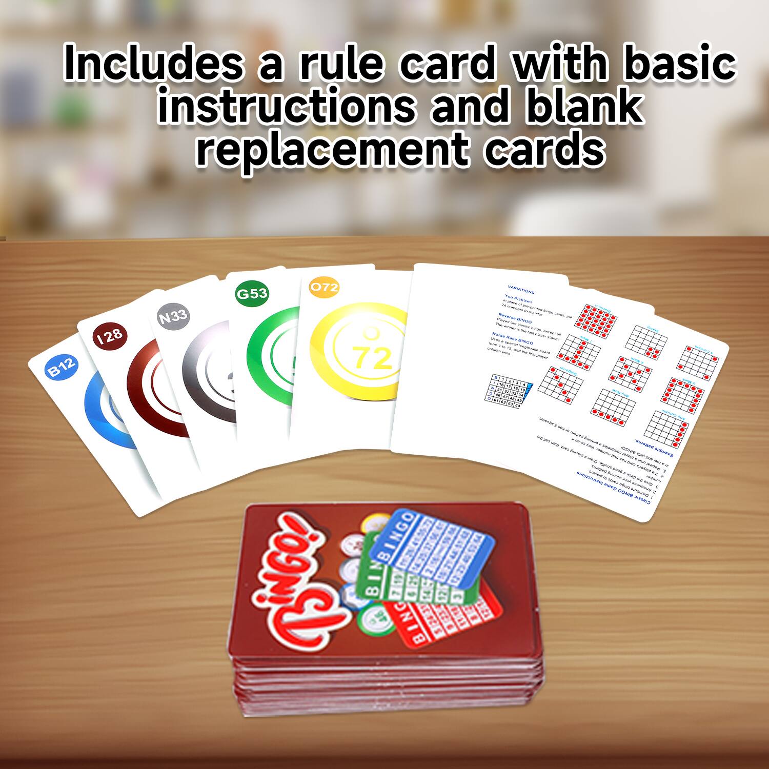 Includes a rule card with basic instructions and blank replacement cards B12 128 N33 G53 072 72