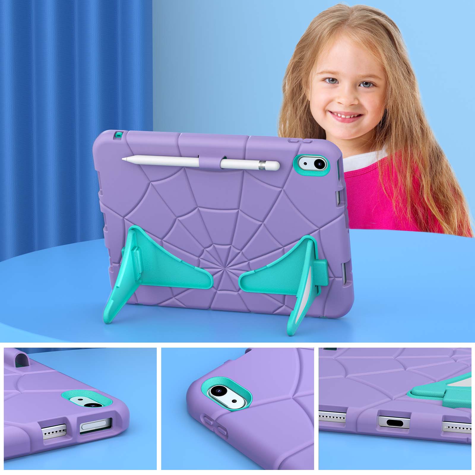 Alt View 4. UUCOVER - Kids Case for iPad (A16) 11-inch 2025 / iPad 10th Gen 10.9" 2022 ,Shockproof TPU+PC Rugged Stand Case Protective Cover - Purple+Mint.