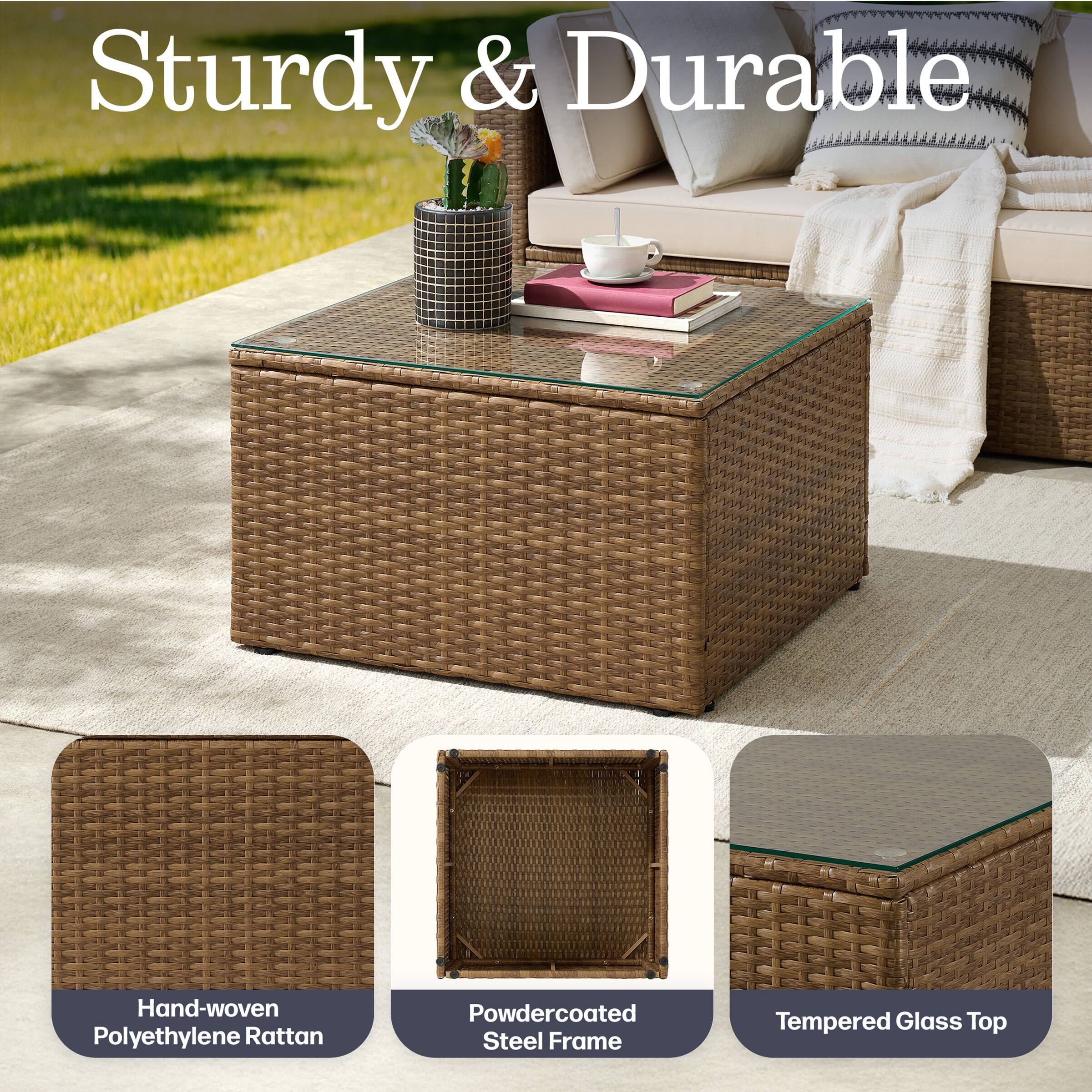 Sturdy & Durable

- Hand-woven Polyethylene Rattan
- Powdercoated Steel Frame
- Tempered Glass Top