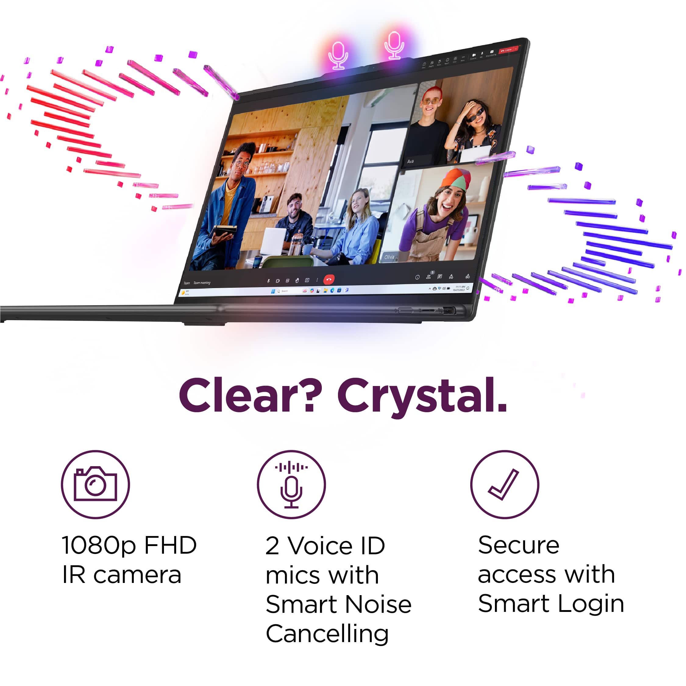 * Clear? Crystal. 1080p FHD IR camera 2 Voice ID mics with Smart Noise Cancelling Secure access with Smart Login