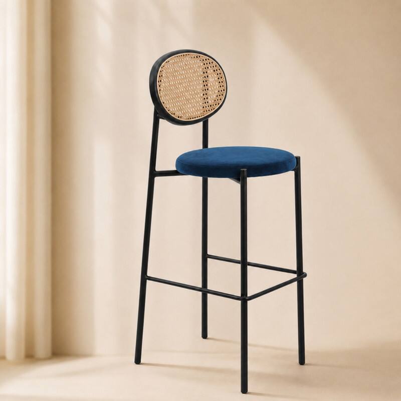 Alt View 5. LeisureMod - Euston Modern Wicker Bar Stool with Black Steel Frame and Footrest, Counter Height Dining Stool Set of 2 - Navy Blue.