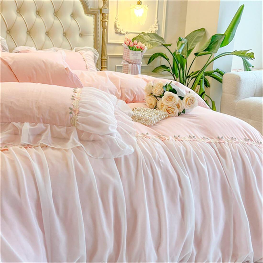 Alt View 5. Comfort Essence - Beddingromantic Ruffle Lace Bedding Set 2 Piece Comforter Duvet Cover With Zipper Closure Coquette Room - Pink-Twin.