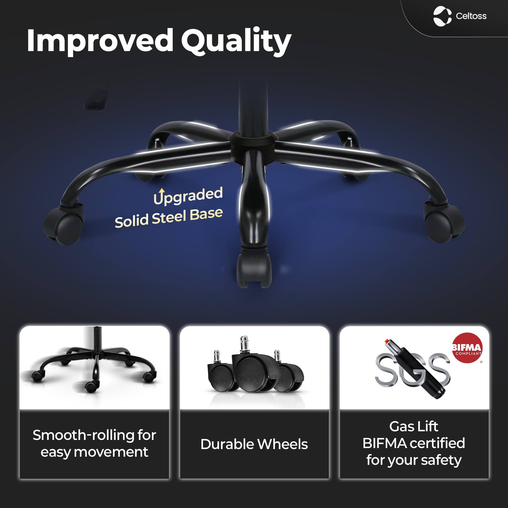 Improved Quality  
Upgraded Solid Steel Base  
Smooth-rolling for easy movement  
Durable Wheels  
Gas Lift  
BIFMA certified for your safety