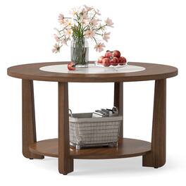 Gymax - Round Coffee Table w/ 2-Tone Tabletop & Open Storage Shelf Wood Support Legs - Brown