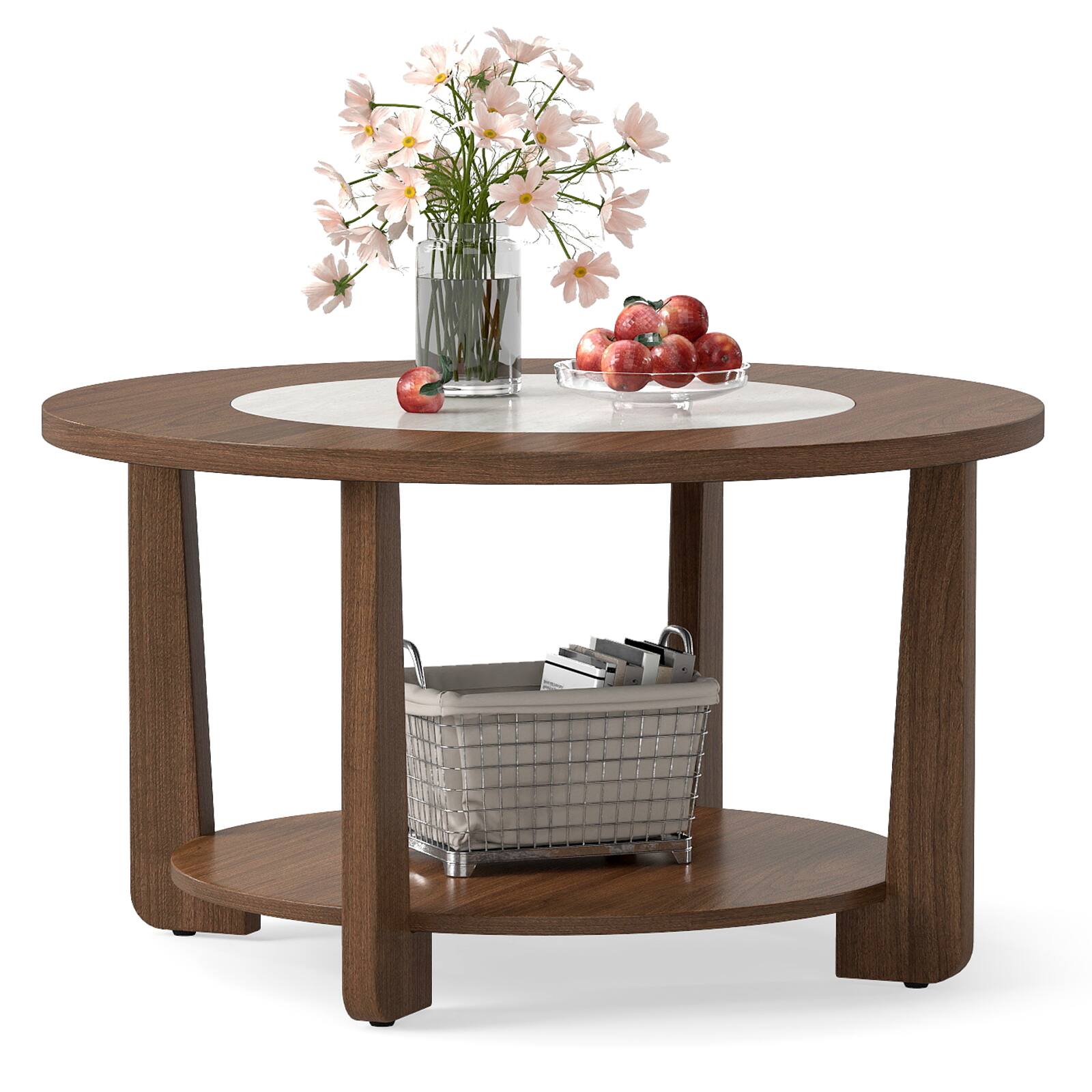 Front. Gymax - Gymax Round Coffee Table w/ 2-Tone Tabletop & Open Storage Shelf Wood Support Legs - Brown.