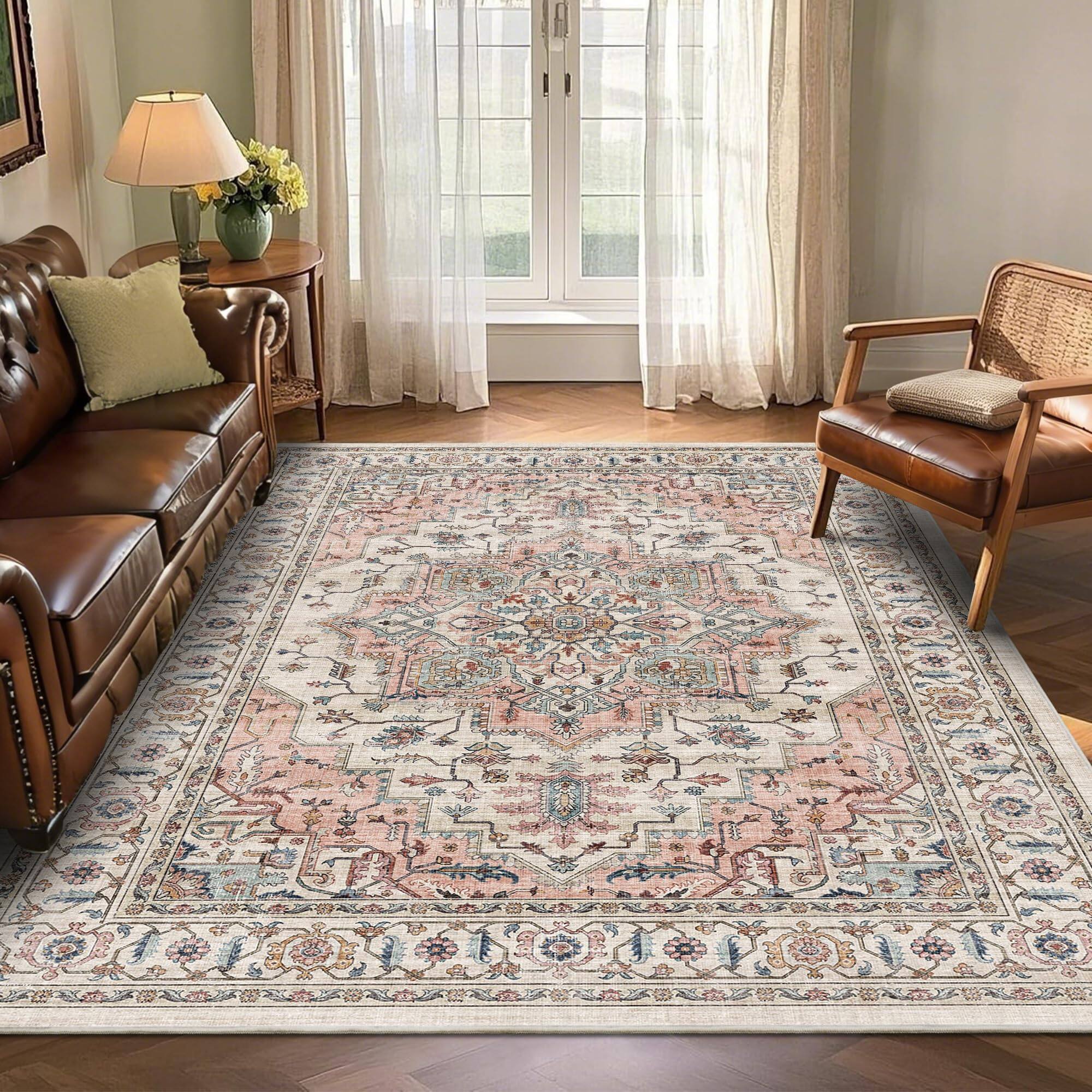 Left. PARKER SLATER - 5x7 Area Rugs Living Room Ultra Soft Washable Rug Vintage Distressed Boho Non Slip Retro Print Low Pile Stain Resistant - Orange/Gray.