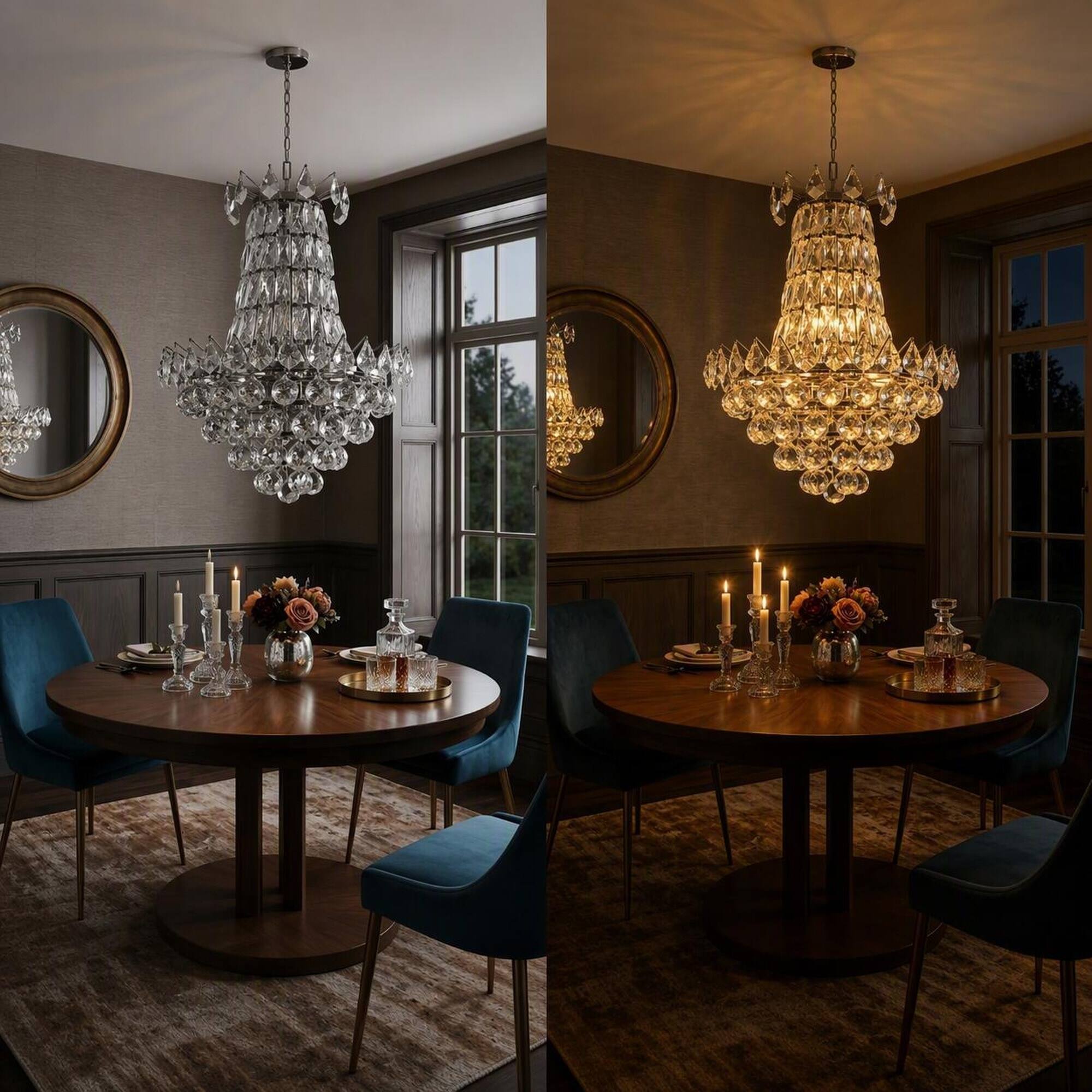 Back. RYHNUYNE - Modern 6-Light Crystal Chandelier, Dimmable Flush Mount Ceiling Fixture For Living Room Bedroom - Chrome.