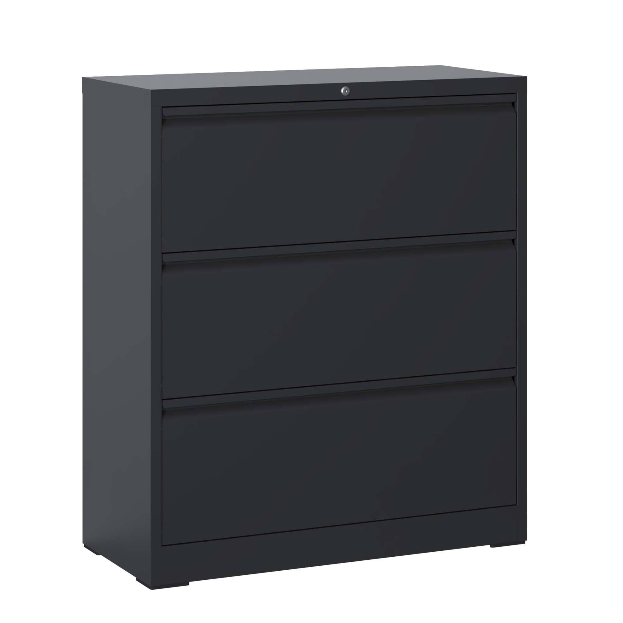Angle. Mirfee - 3-Drawer Lateral File Cabinet with Lock, for Legal/Letter/A4/F4 Files - Black.