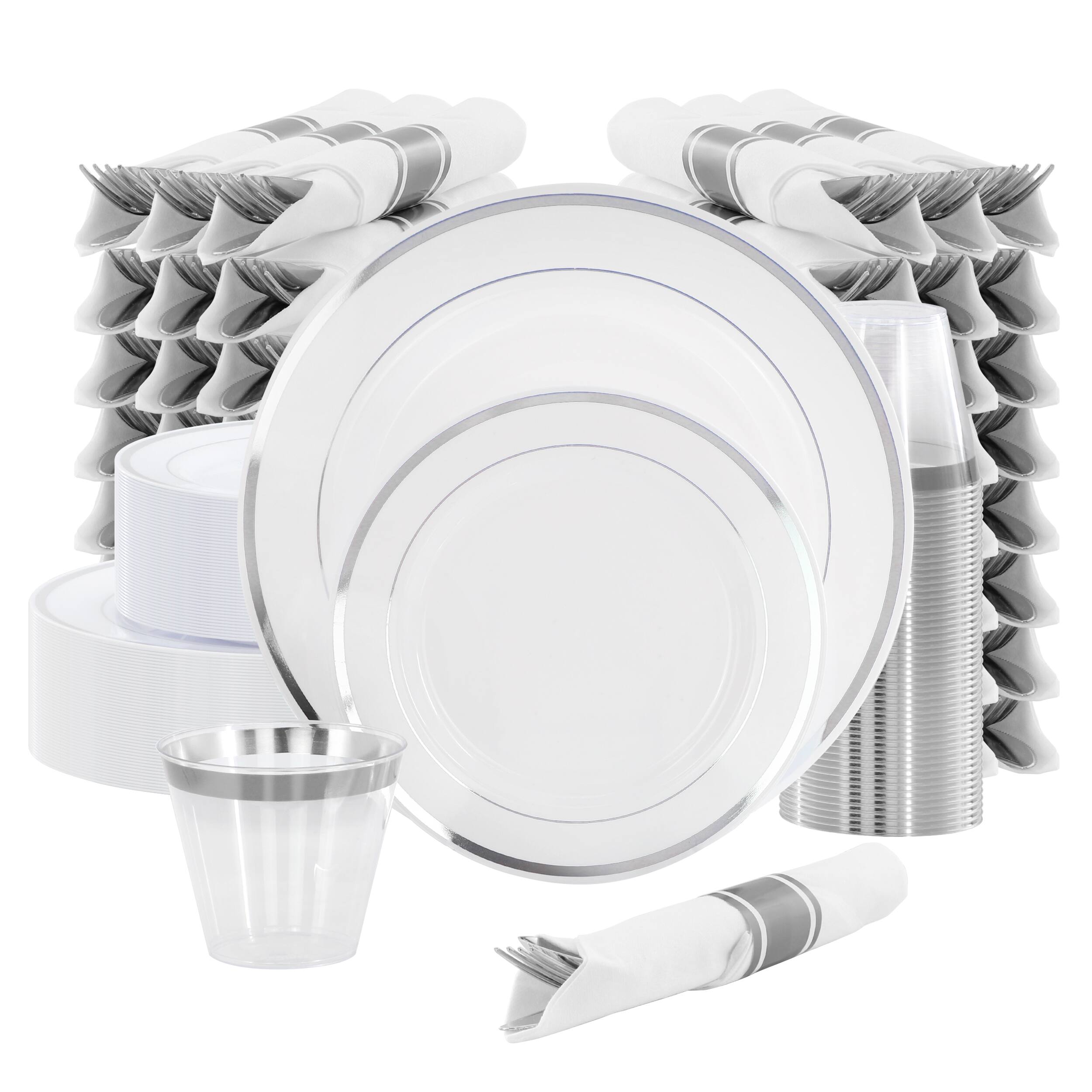 Elama - 350 Piece Disposable Plastic Dinnerware Party Set for 50 Guests with Silver Trim - White price history on PriceWatchPro
