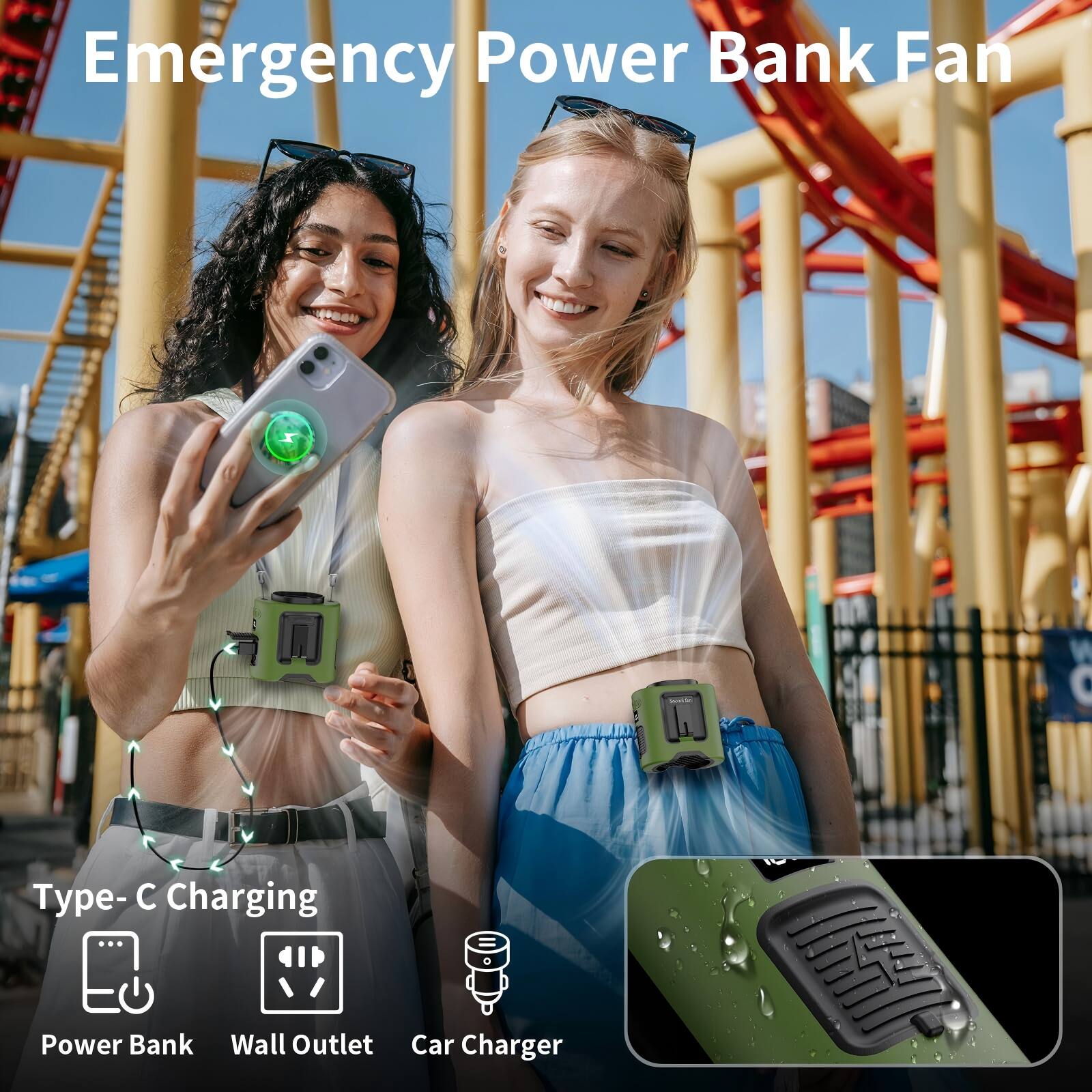Emergency Power Bank Fan

Type-C Charging
- Power Bank
- Wall Outlet
- Car Charger
